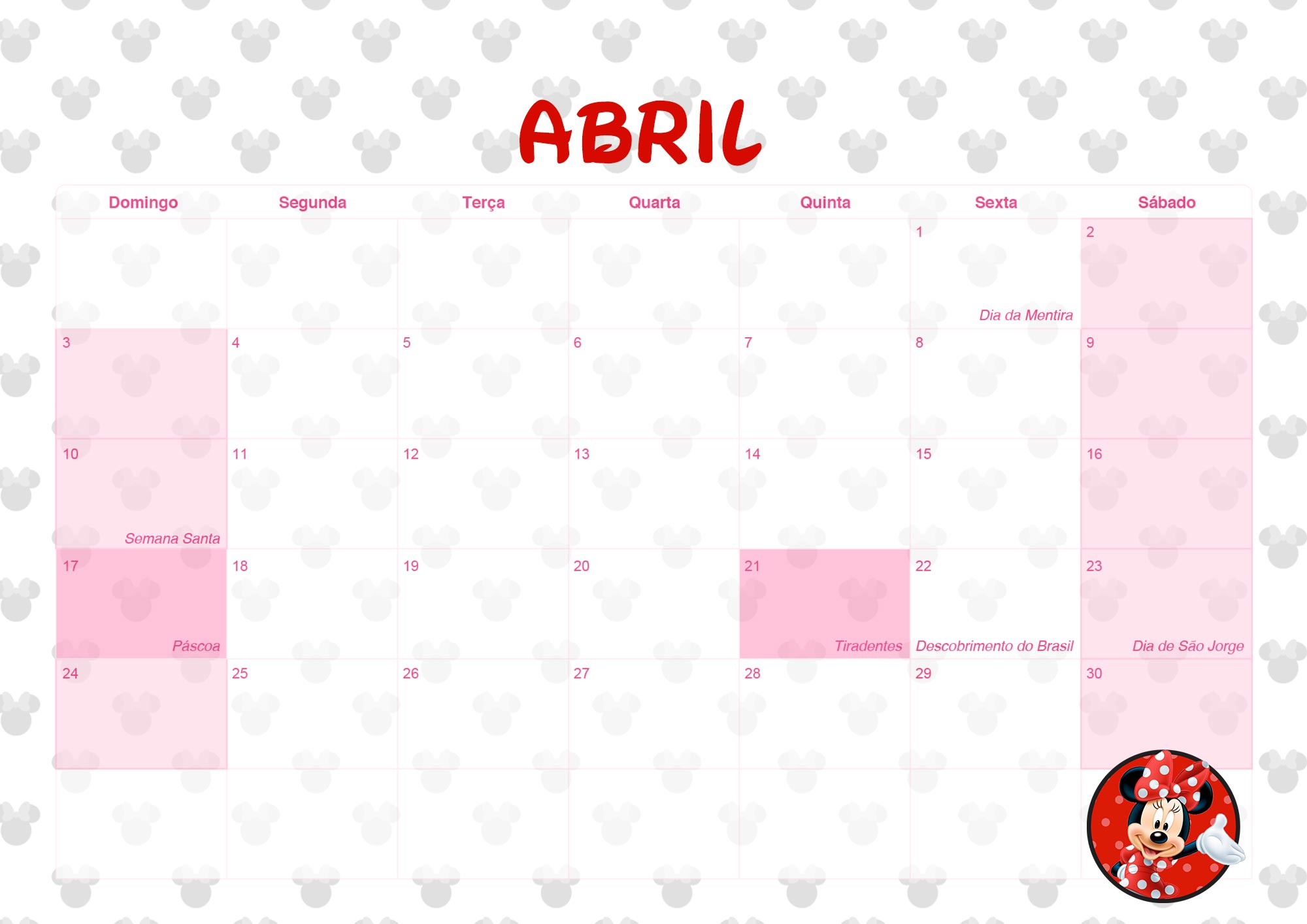 Calendario Mensal 2022 Minnie Vermelha Abril