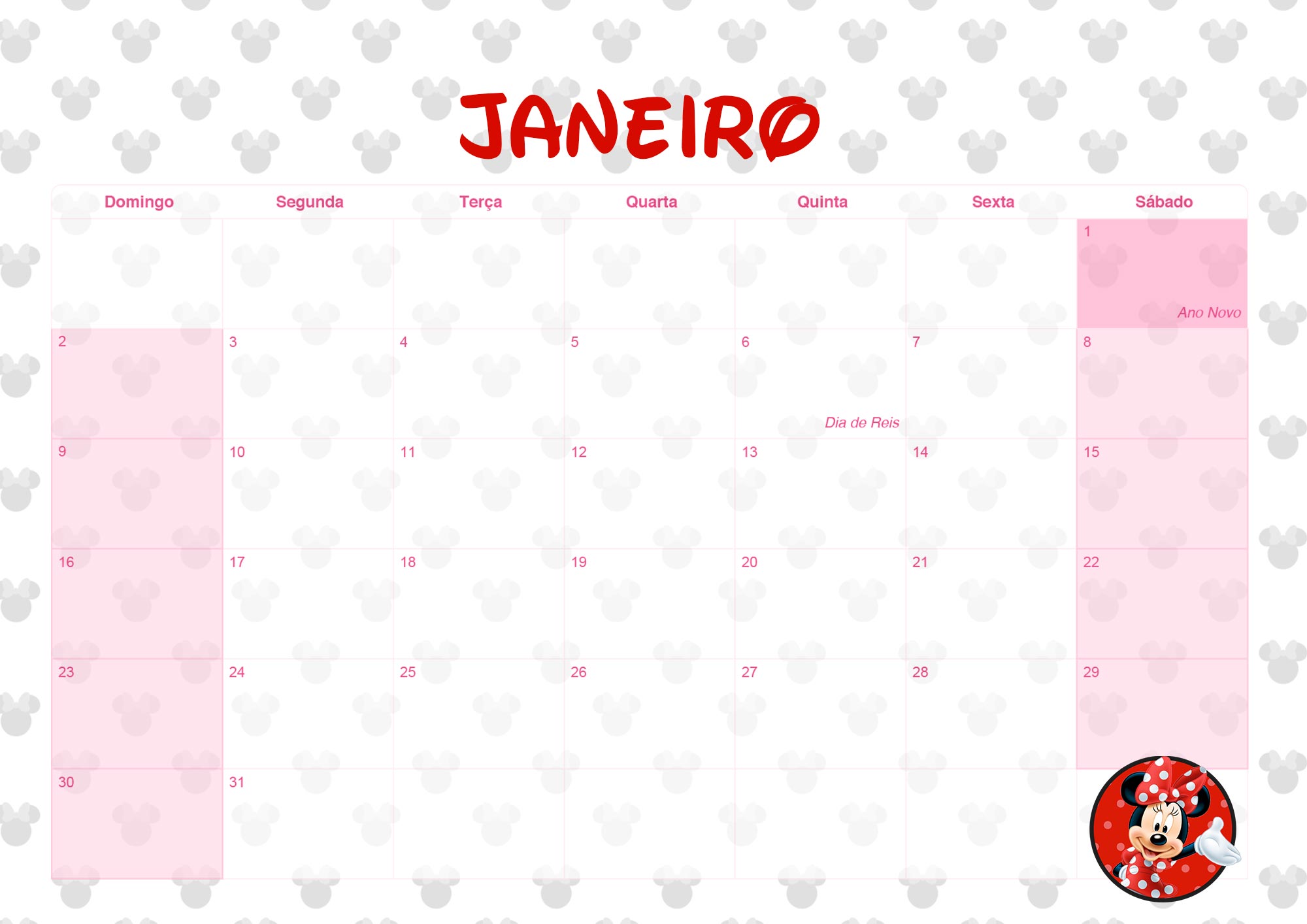 Calendário Mensal 2022 para Imprimir Minnie Vermelha Janeiro