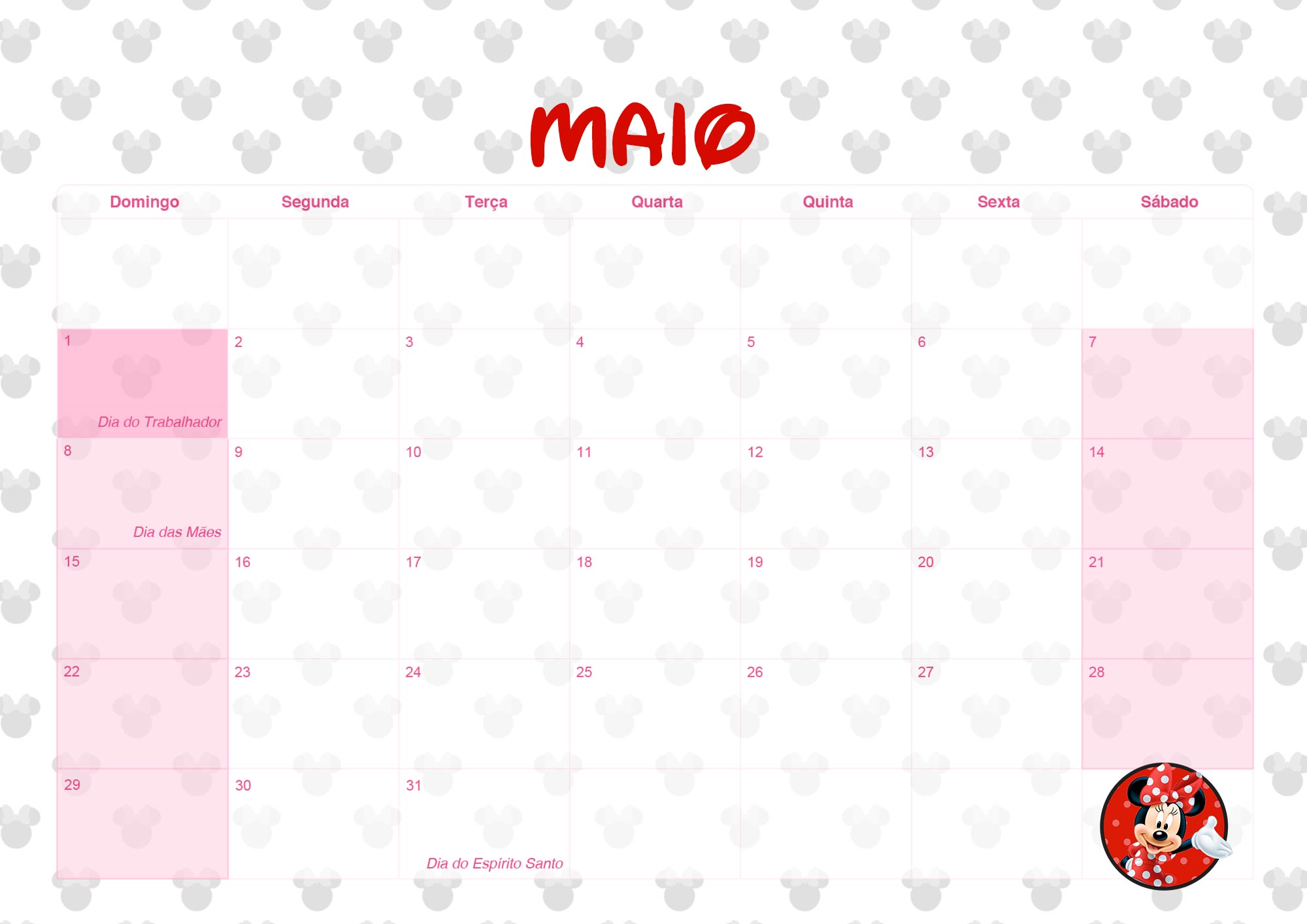 Calendario Mensal 2022 Minnie Vermelha Maio