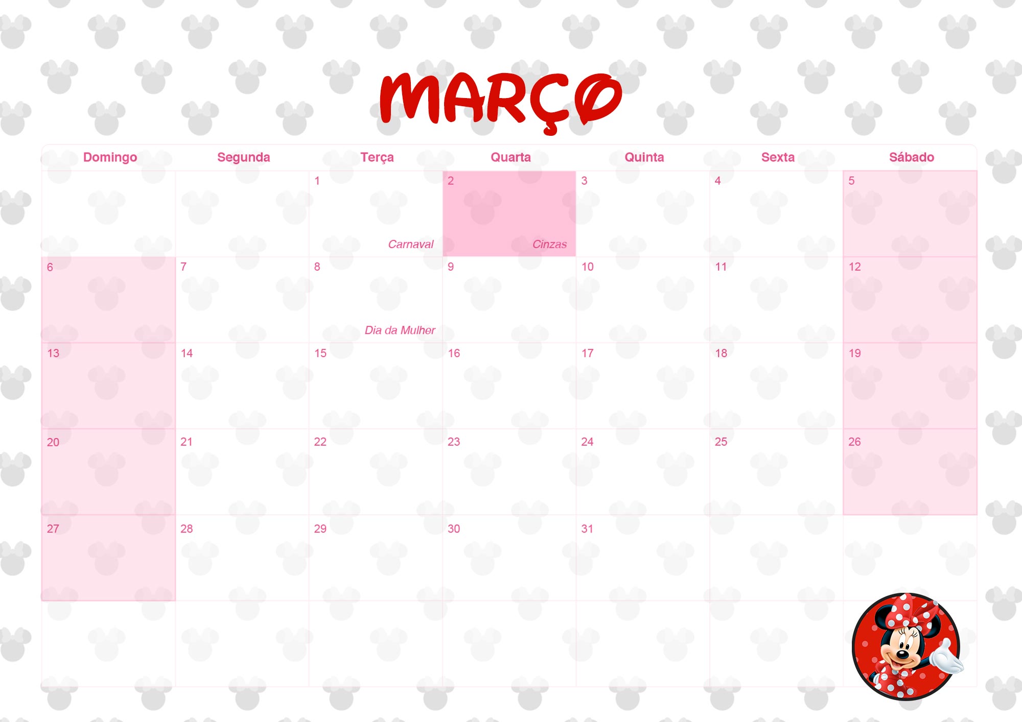 Calendario Mensal 2022 Minnie Vermelha Marco