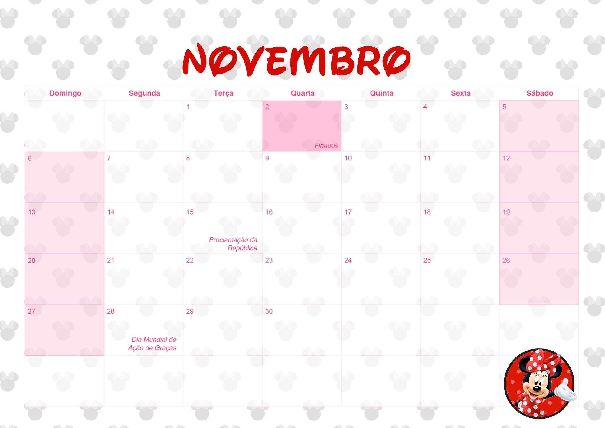 Calendario Mensal 2022 Minnie Vermelha Novembro