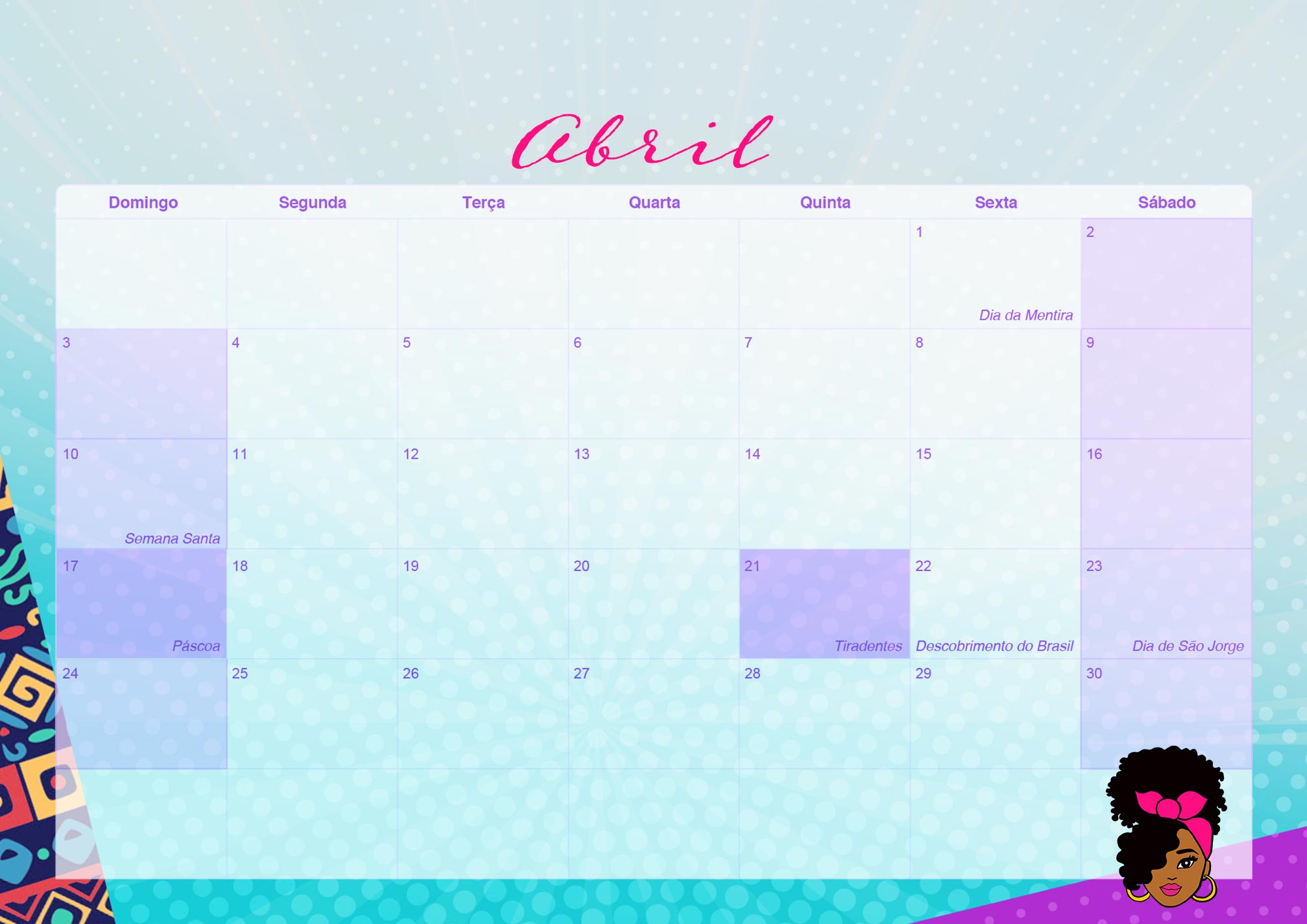 Calendario Mensal 2022 Mulher Afro Abril