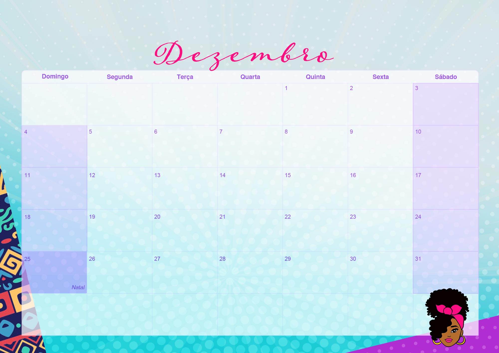 Calendario Mensal 2022 Mulher Afro Dezembro