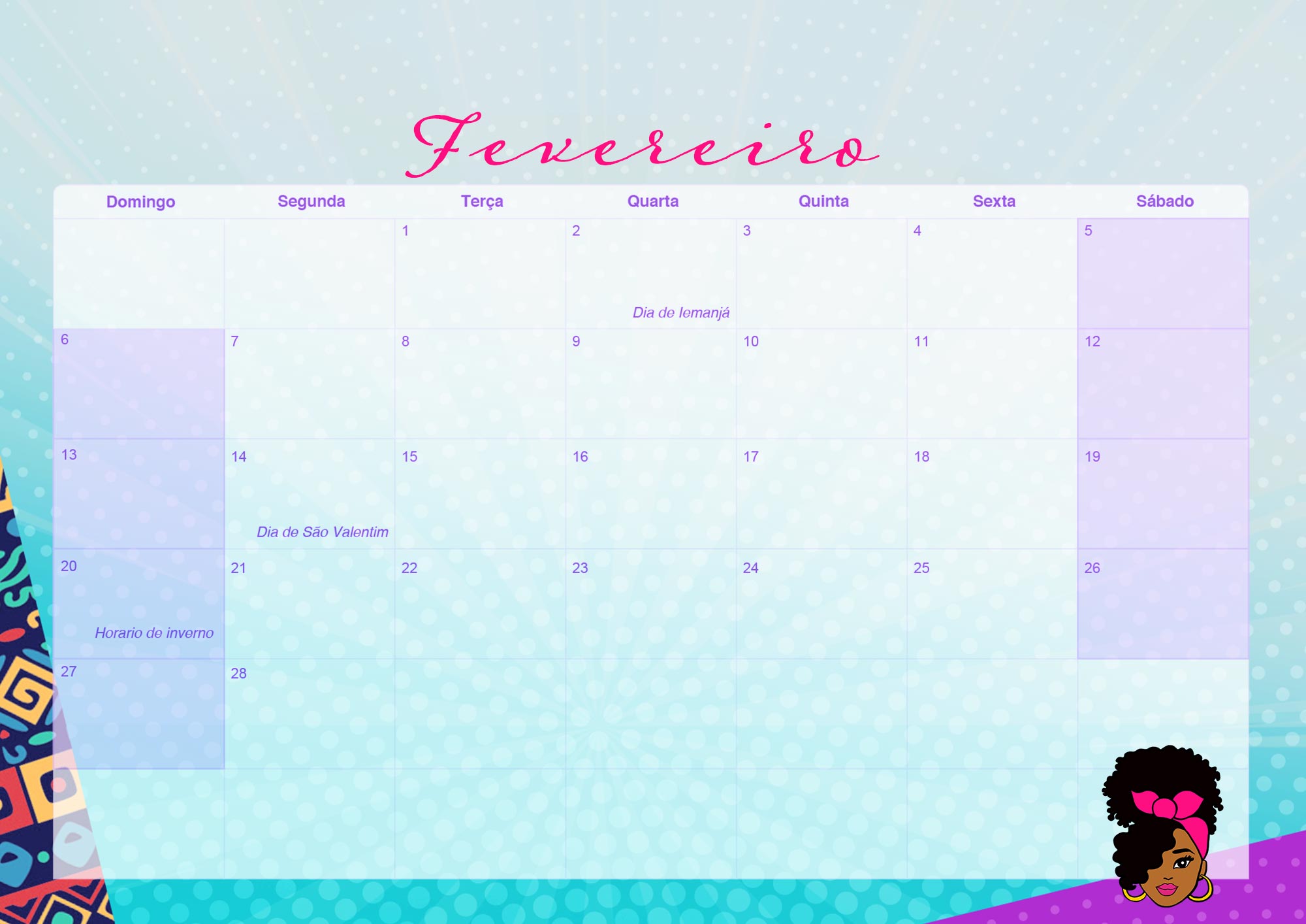 Calendario Mensal 2022 Mulher Afro Fevereiro