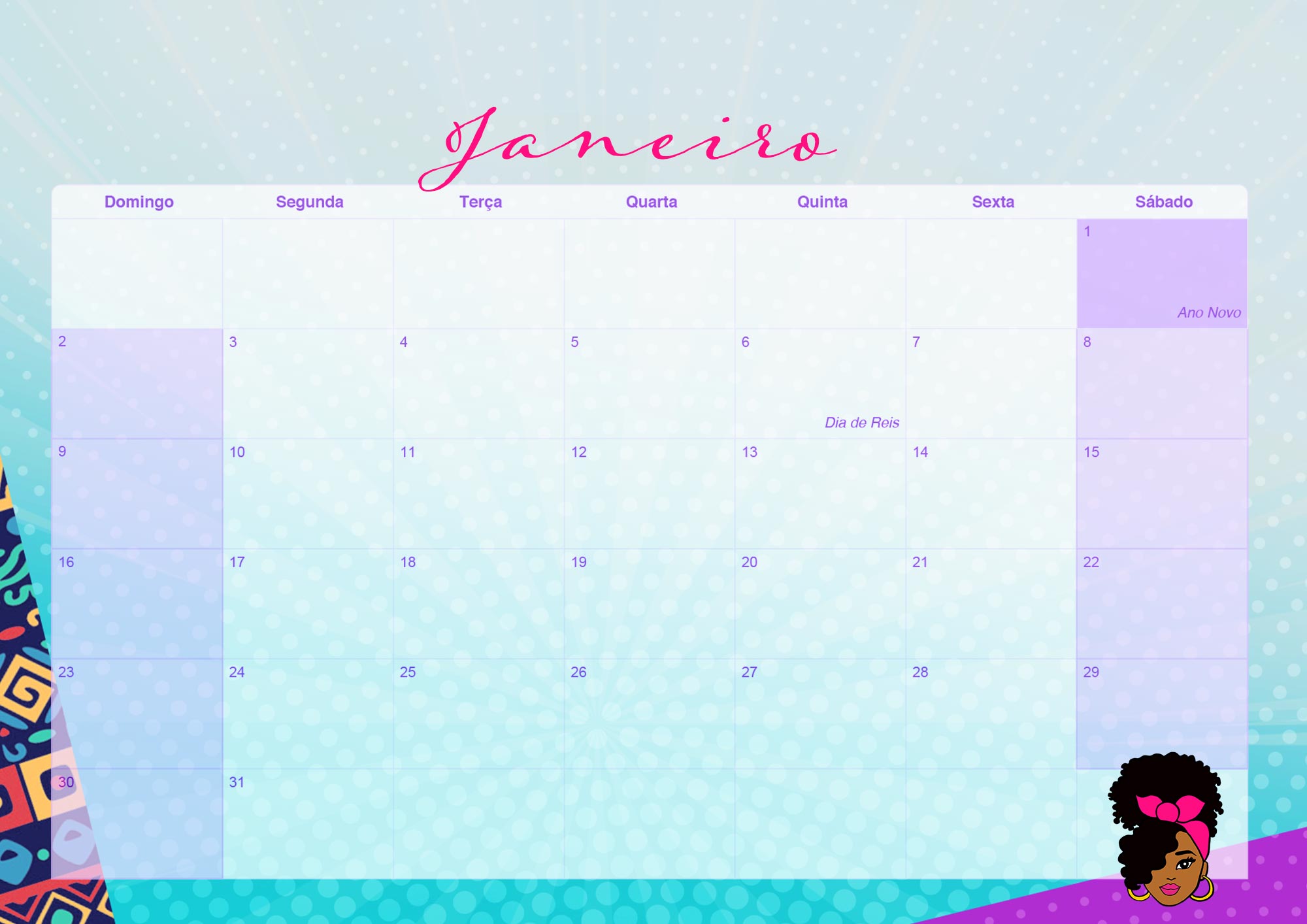 Calendario Mensal 2022 Mulher Afro Janeiro