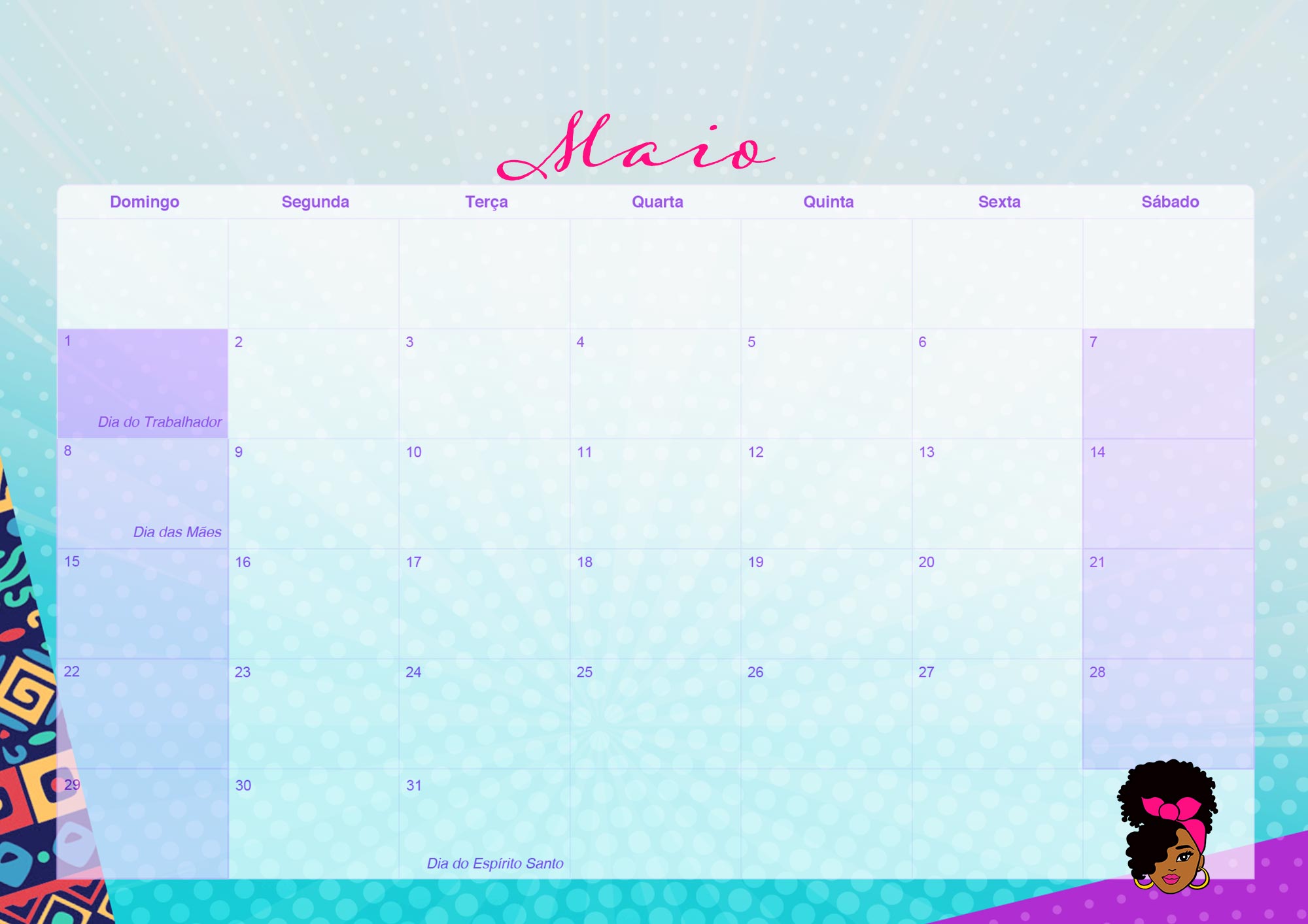 Calendario Mensal 2022 Mulher Afro Maio