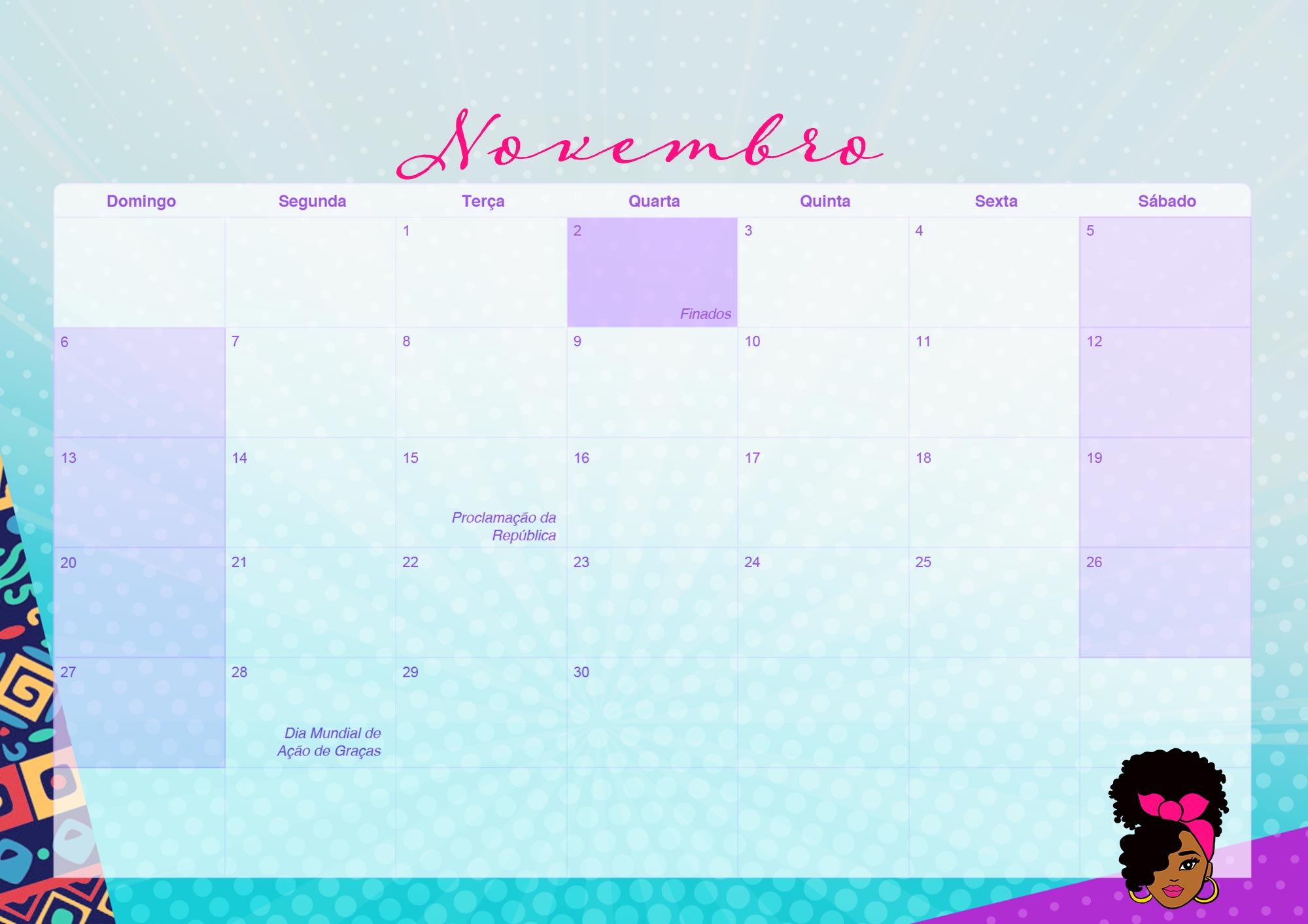 Calendario Mensal 2022 Mulher Afro Novembro