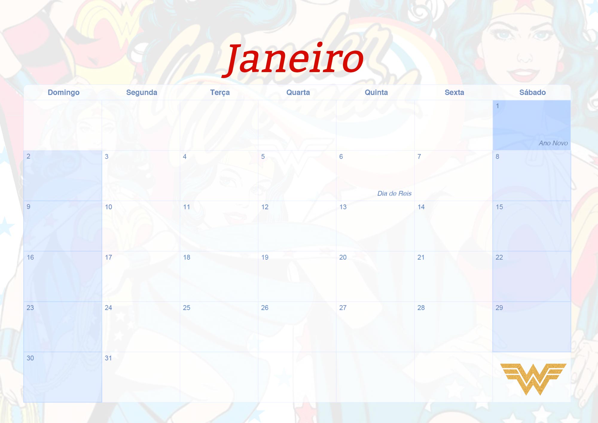 Calendario Mensal 2022 Mulher Maravilha Janeiro