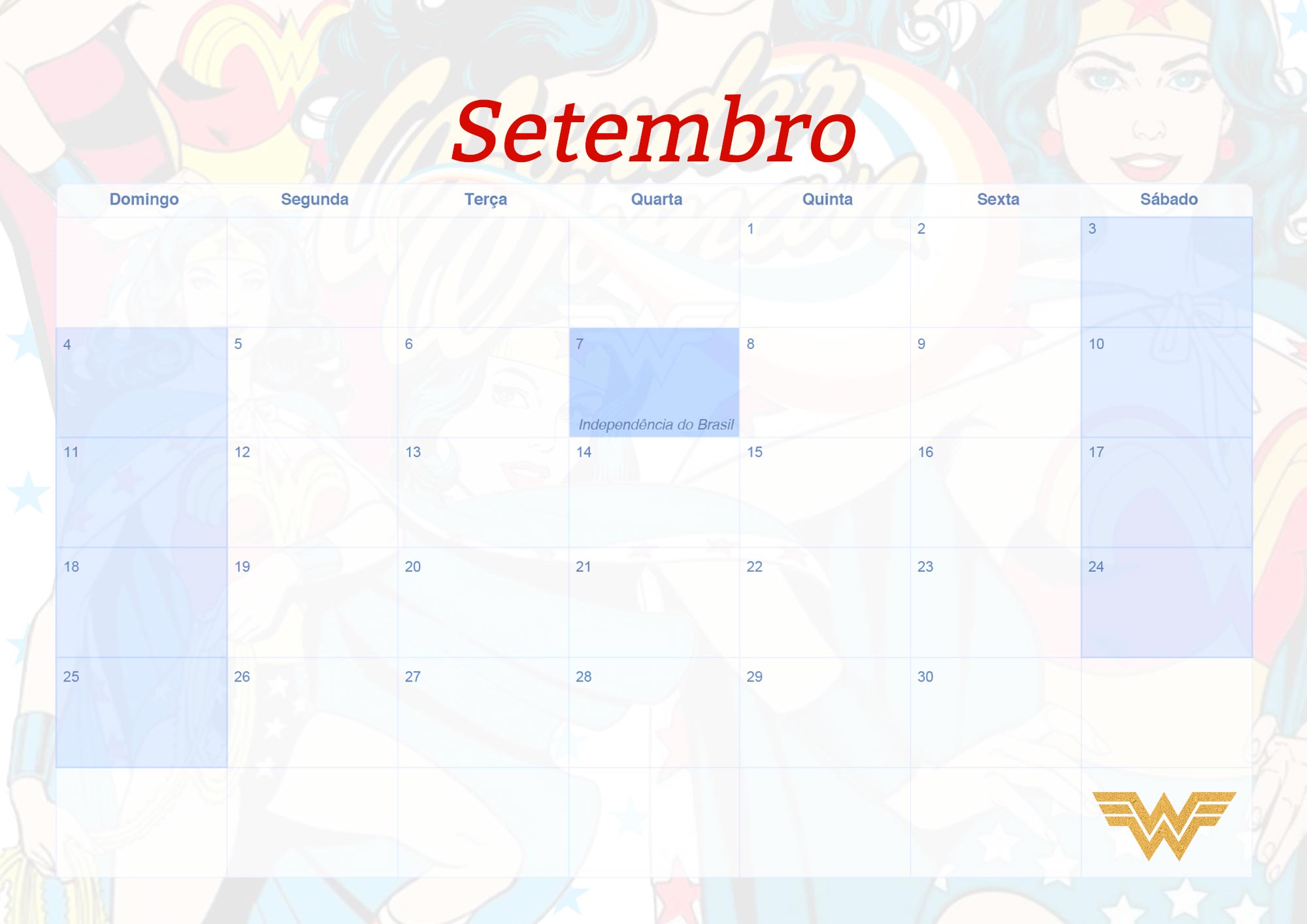 Calendario Mensal 2022 Mulher Maravilha Setembro