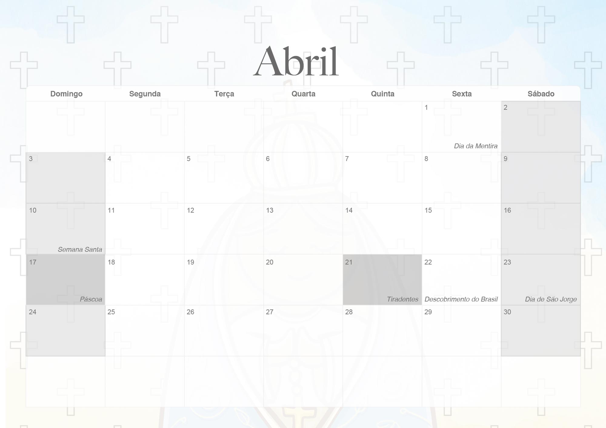Calendario Mensal 2022 Nossa Senhora Abril