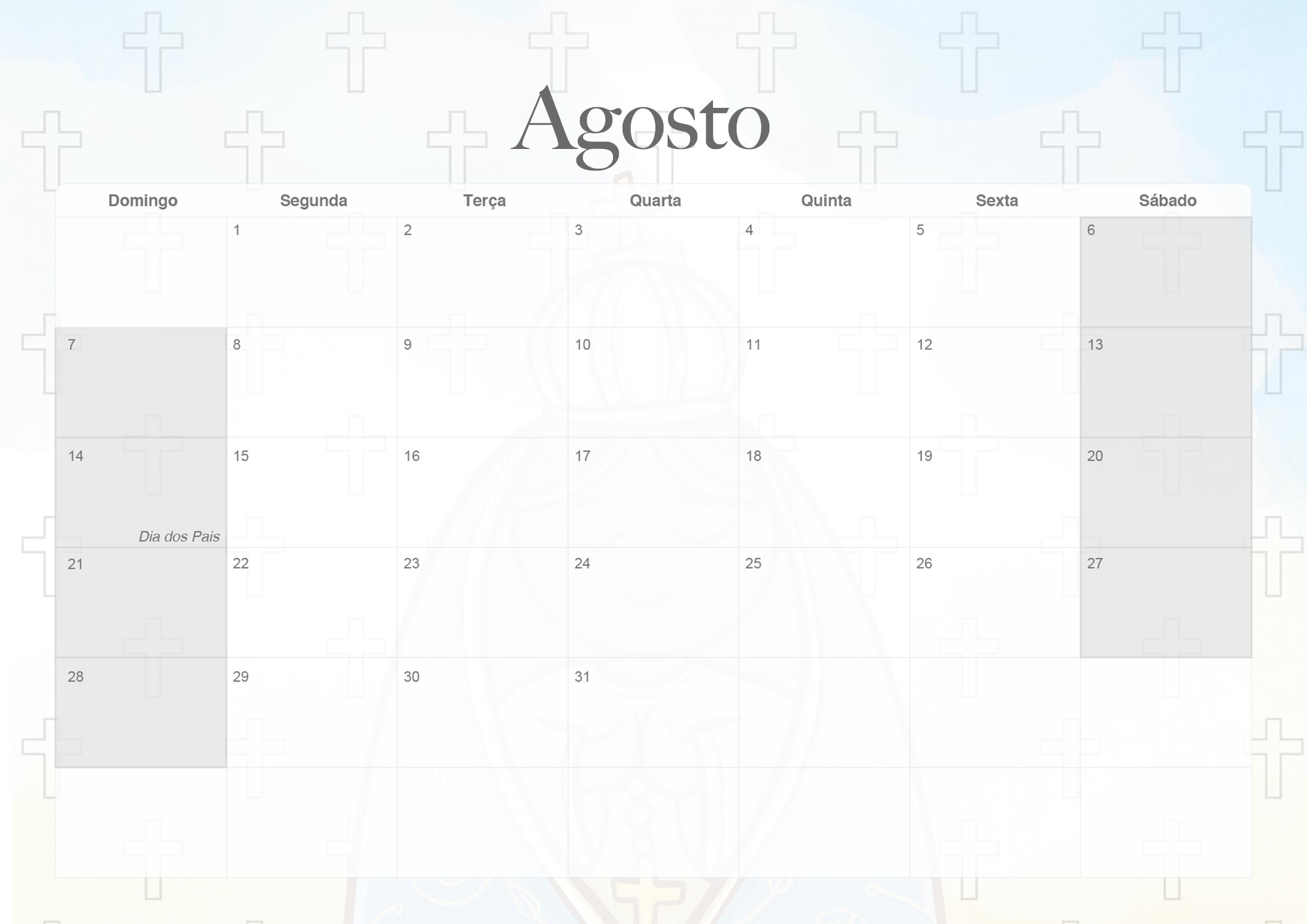 Calendario Mensal 2022 Nossa Senhora Agosto
