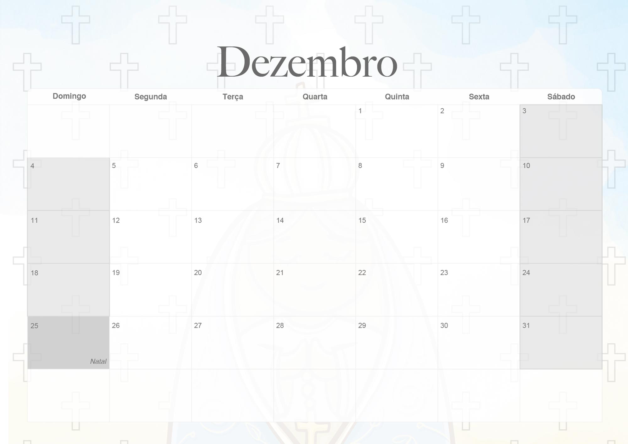 Calendario Mensal 2022 Nossa Senhora Aparecida Dezembro