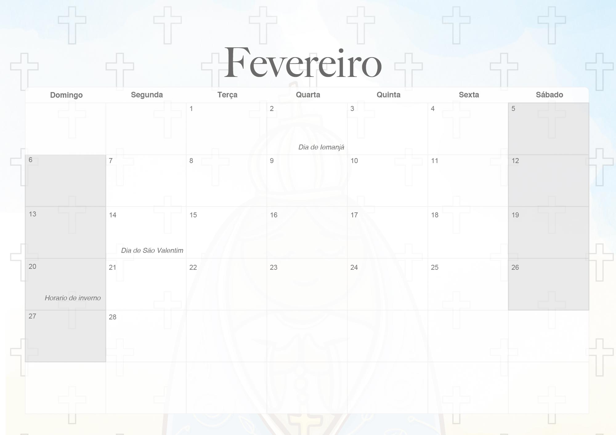 Calendario Mensal 2022 Nossa Senhora Aparecida Fevereiro