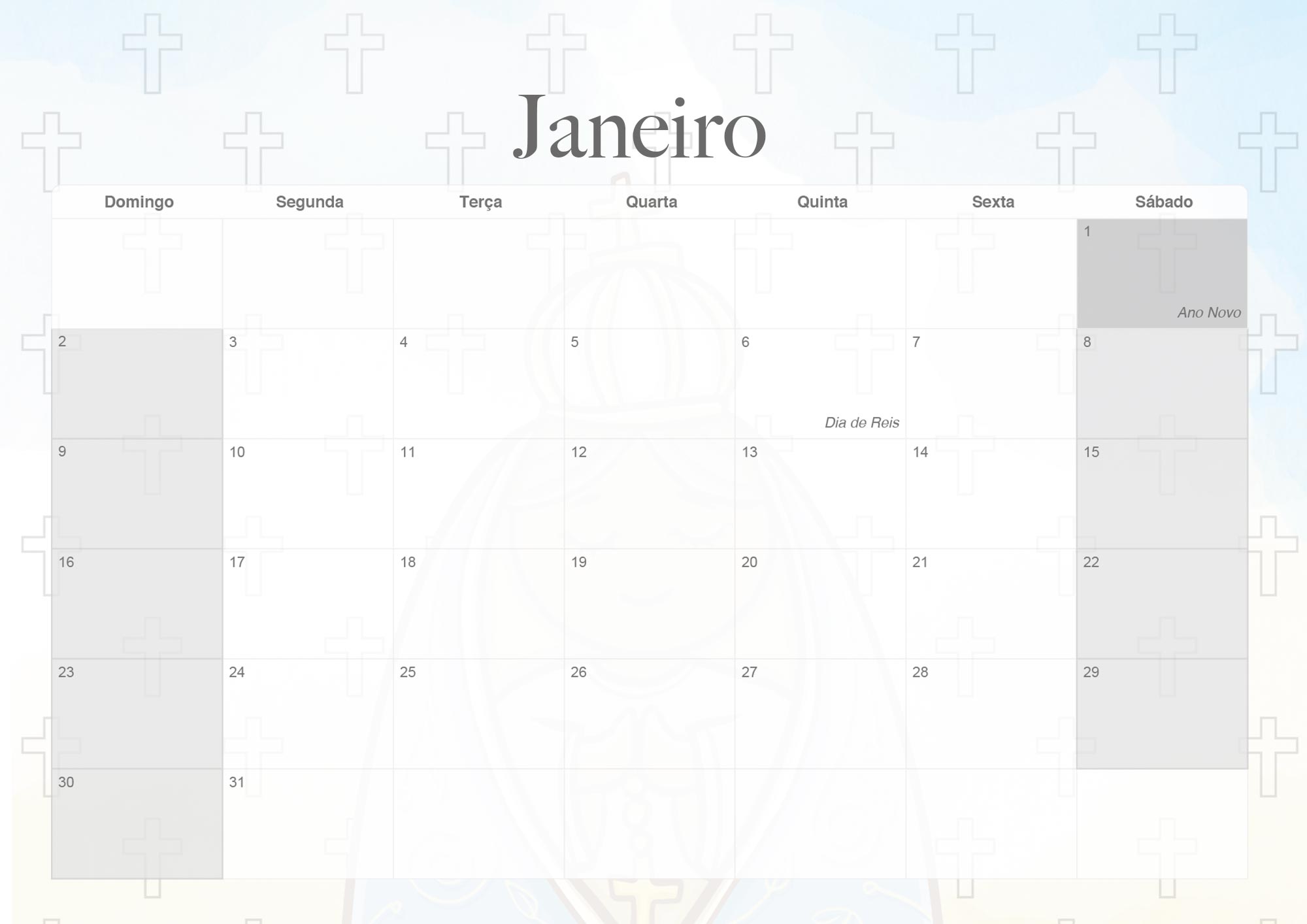 Calendario Mensal 2022 Nossa Senhora Aparecida Janeiro