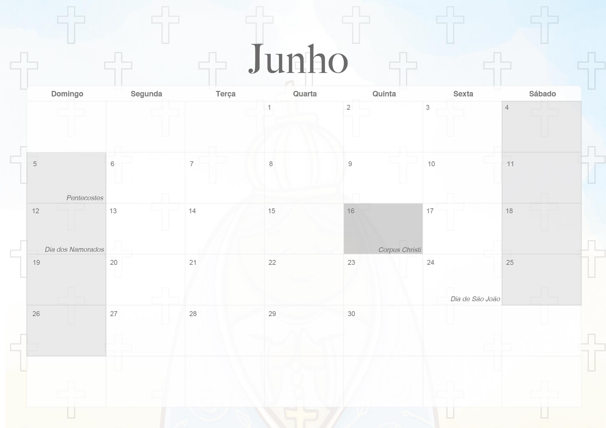 Calendario Mensal 2022 Nossa Senhora Aparecida Junho