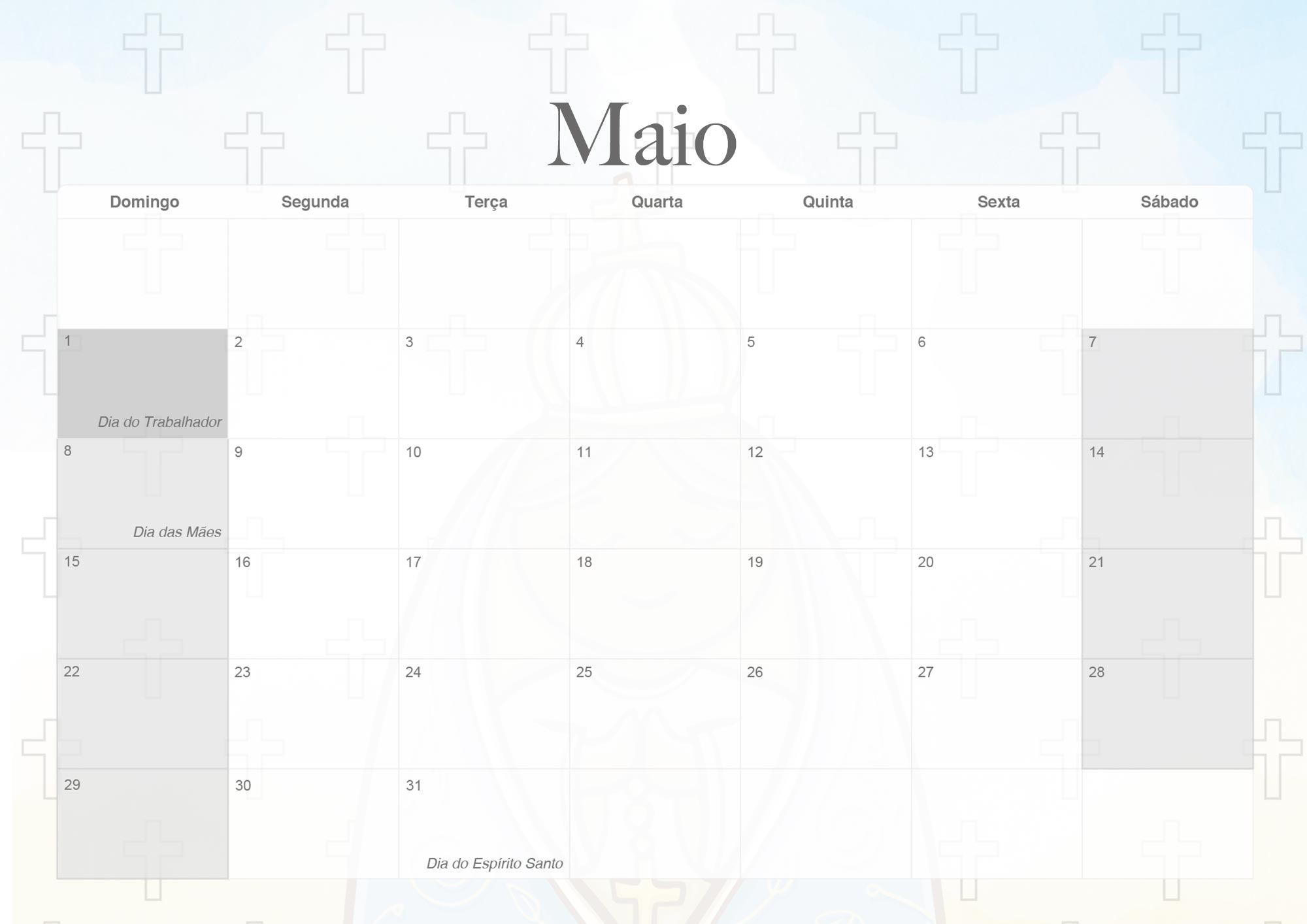 Calendario Mensal 2022 Nossa Senhora Aparecida Maio