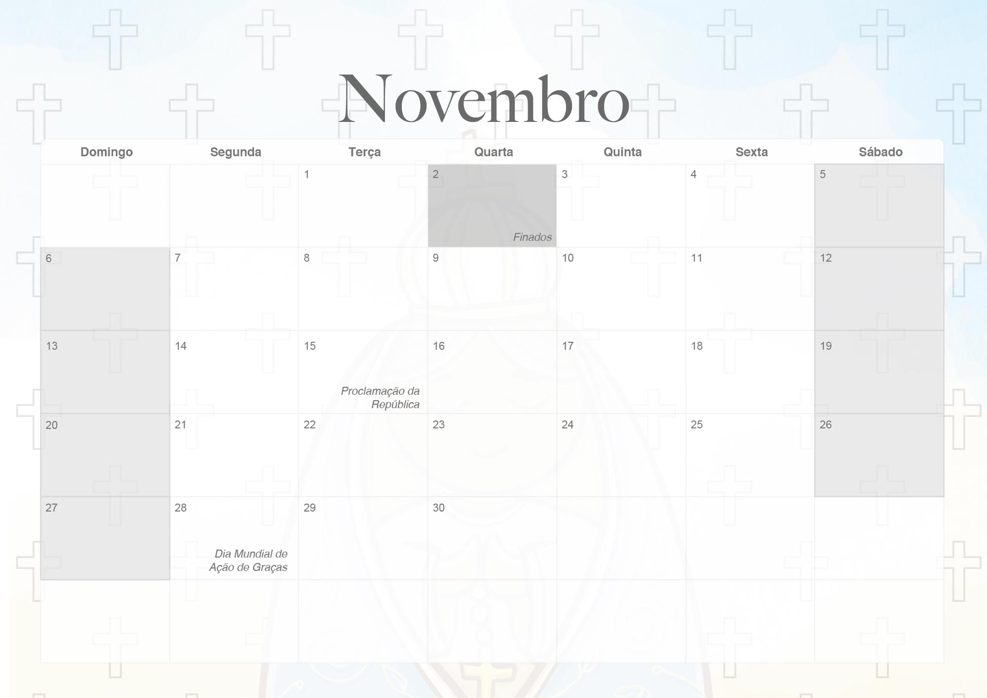 Calendario Mensal 2022 Nossa Senhora Aparecida Novembro
