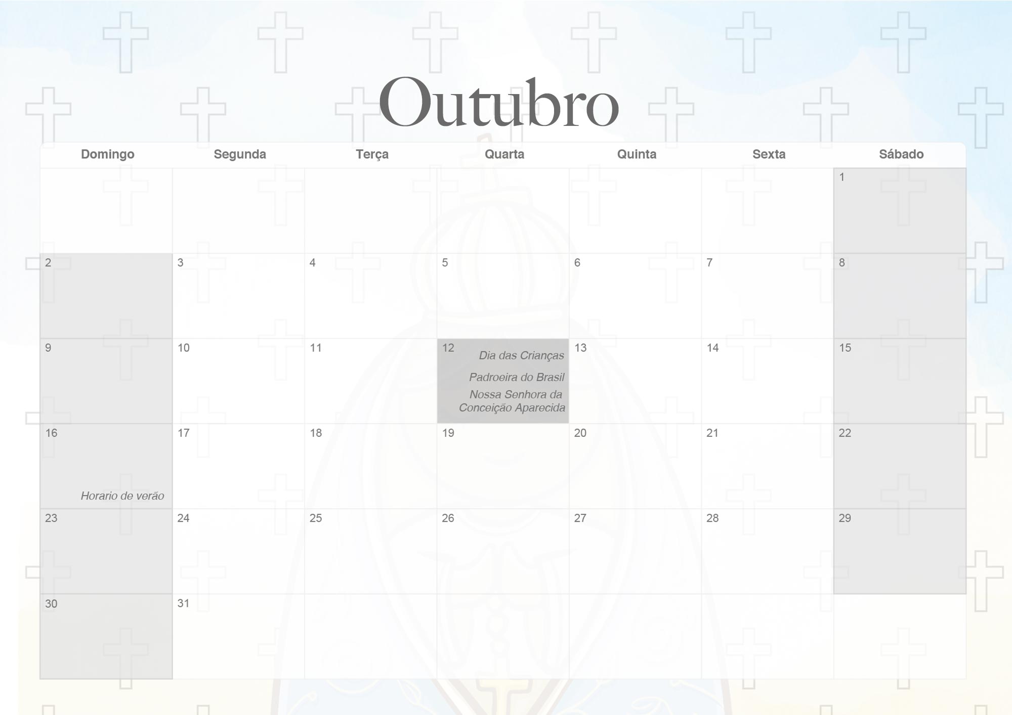 Calendario Mensal 2022 Nossa Senhora Aparecida Outubro
