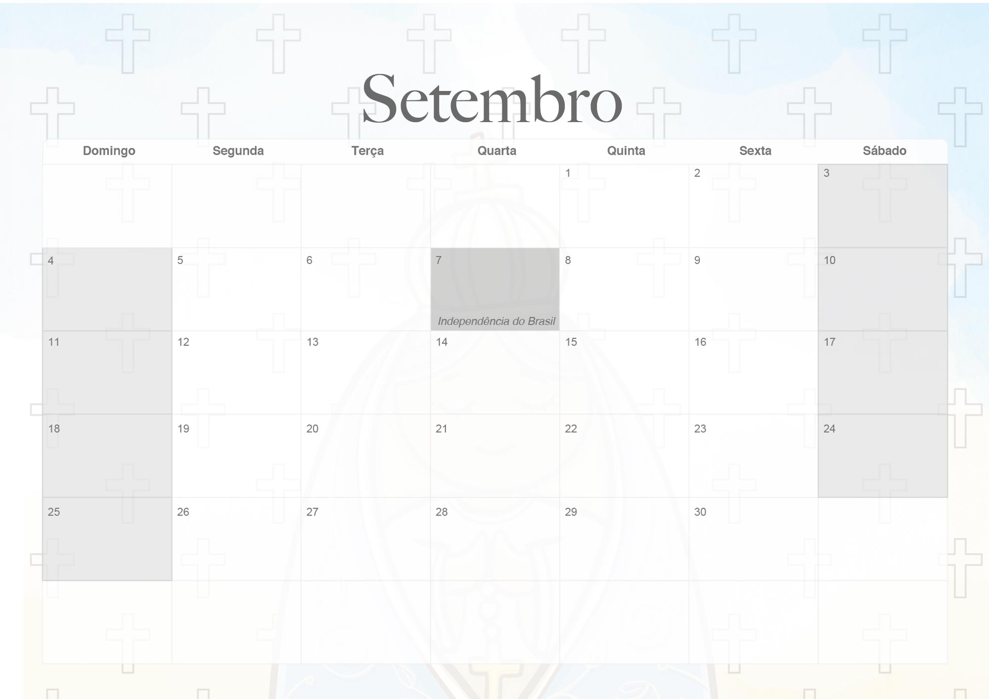 Calendario Mensal 2022 Nossa Senhora Aparecida Setembro