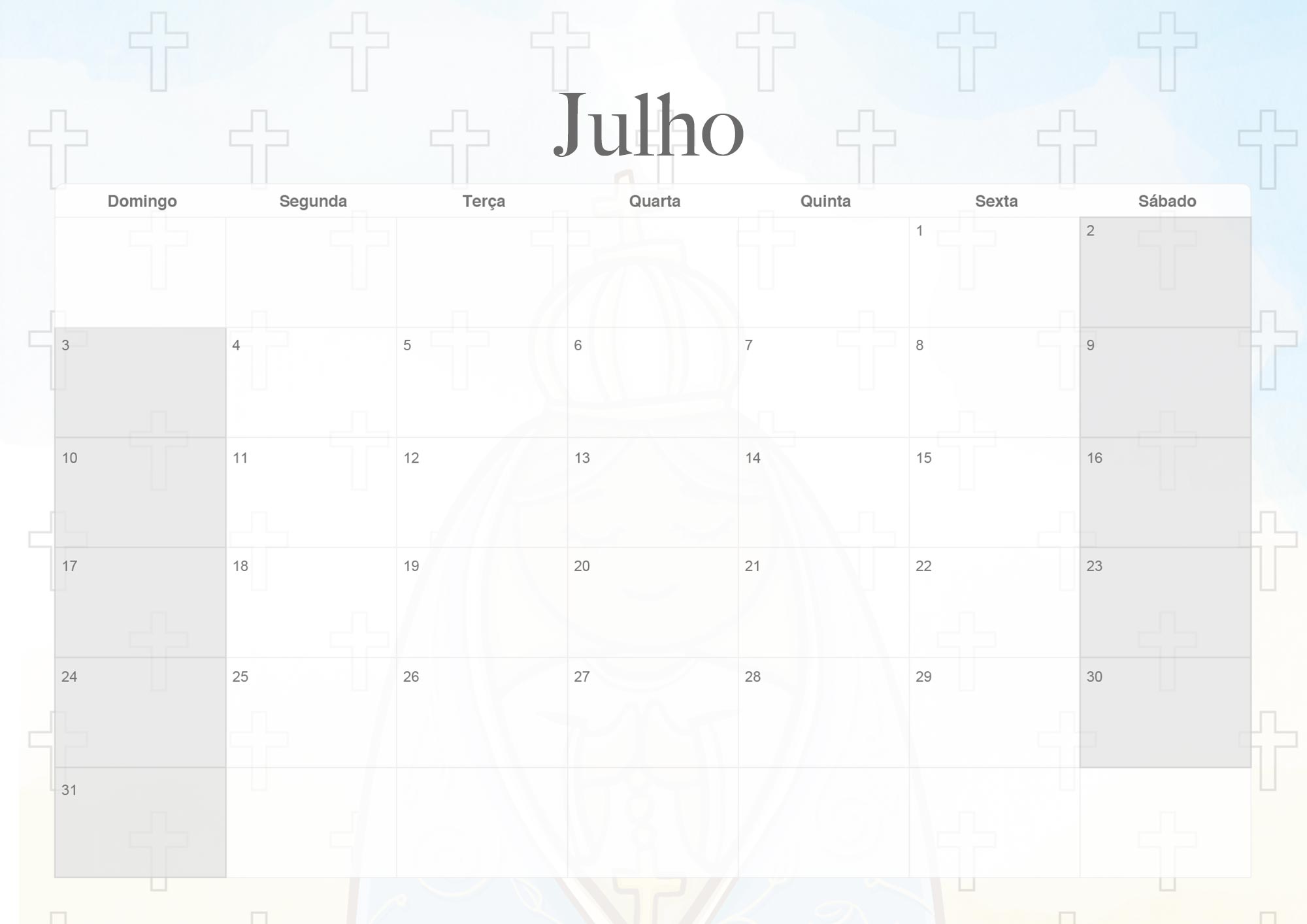 Calendario Mensal 2022 Nossa Senhora Julho