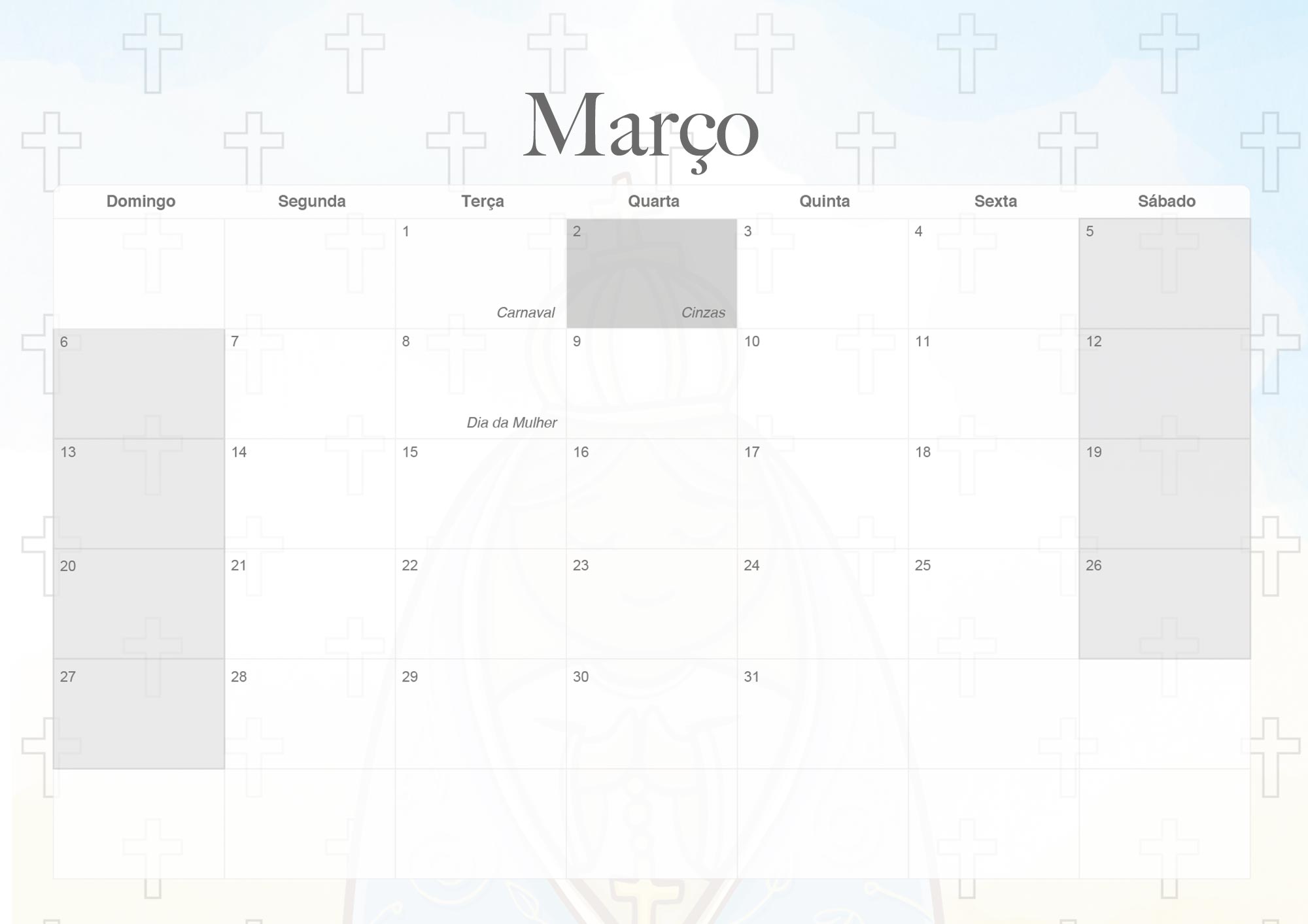 Calendario Mensal 2022 Nossa Senhora Marco