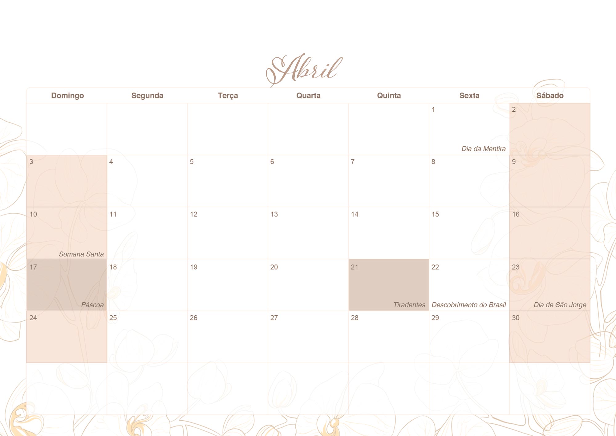 Calendario Mensal 2022 Orquideas Abril