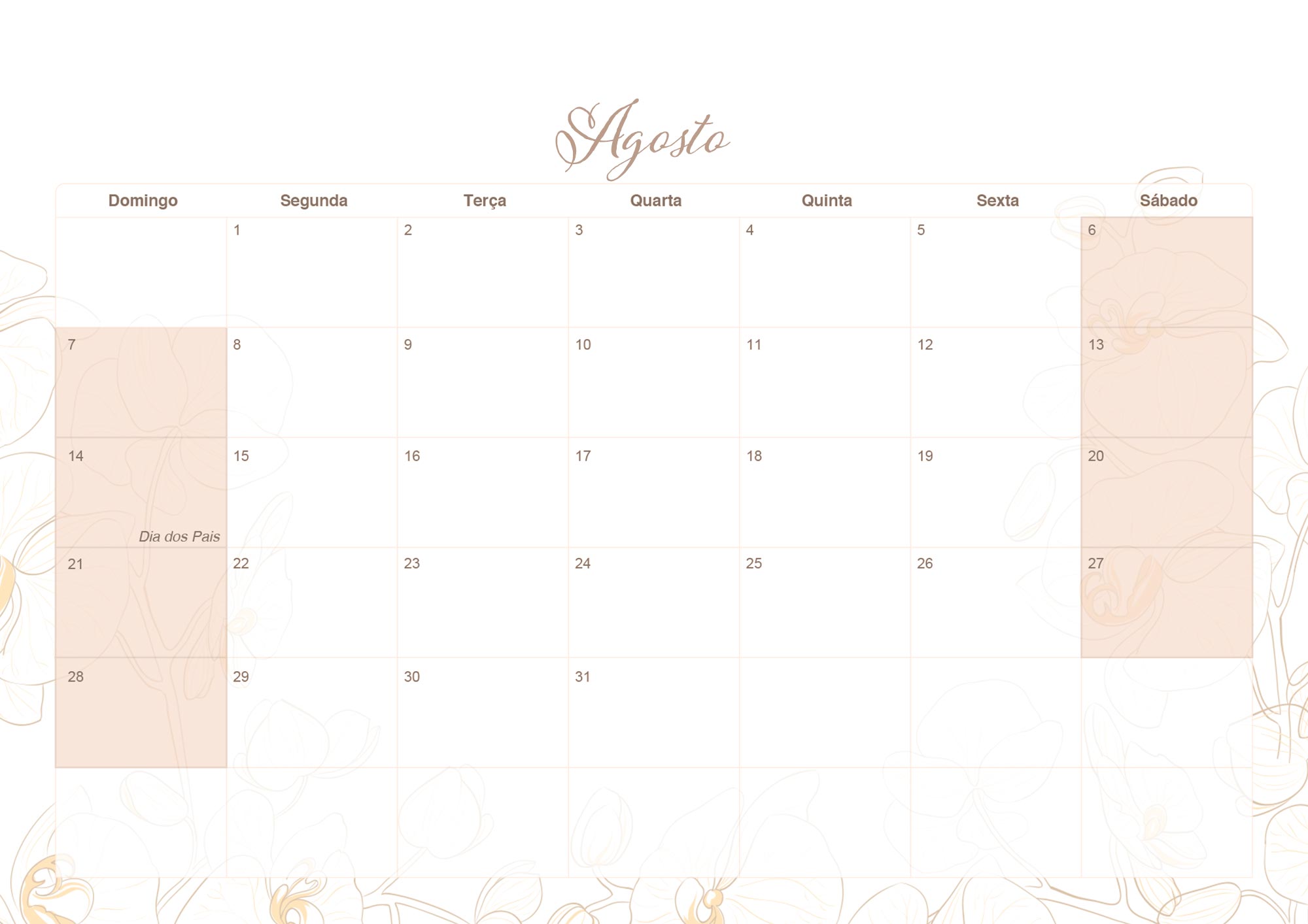 Calendario Mensal 2022 Orquideas Agosto