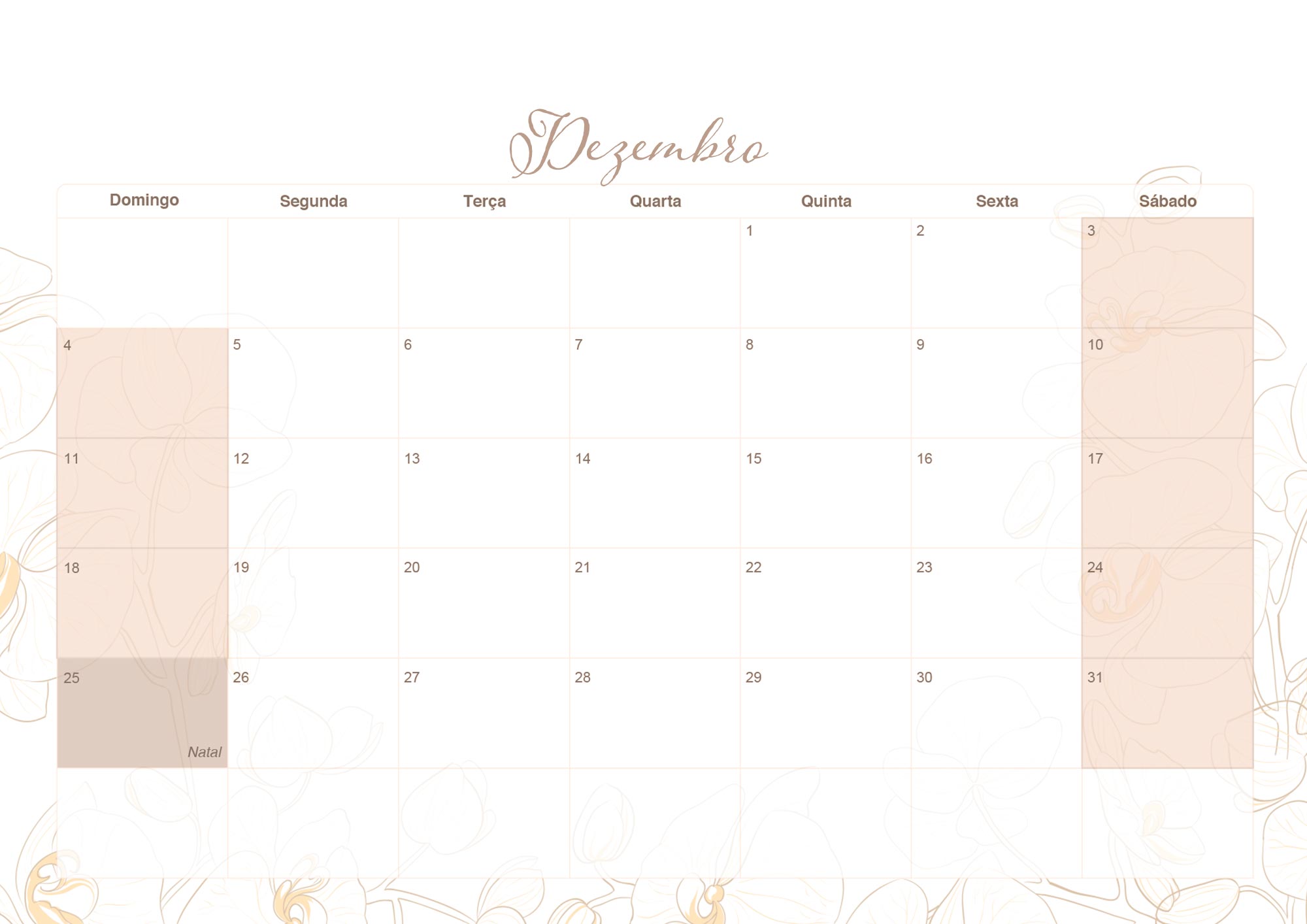 Calendario Mensal 2022 Orquideas Dezembro