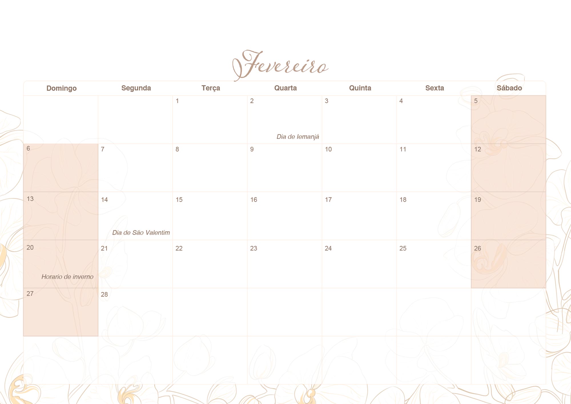 Calendario Mensal 2022 Orquideas Fevereiro