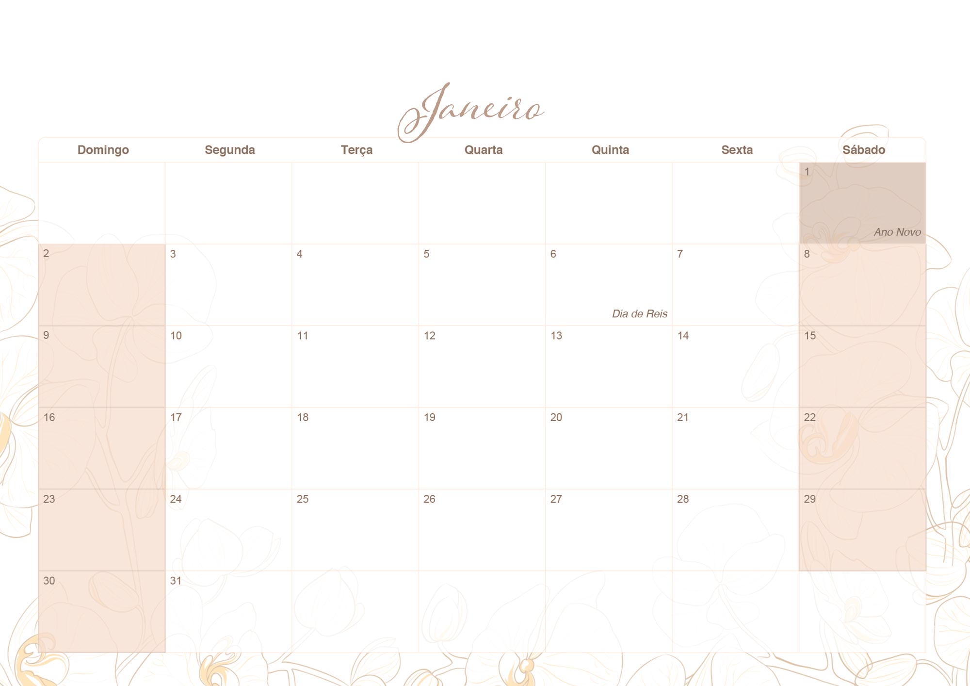 Calendario Mensal 2022 Orquideas Janeiro