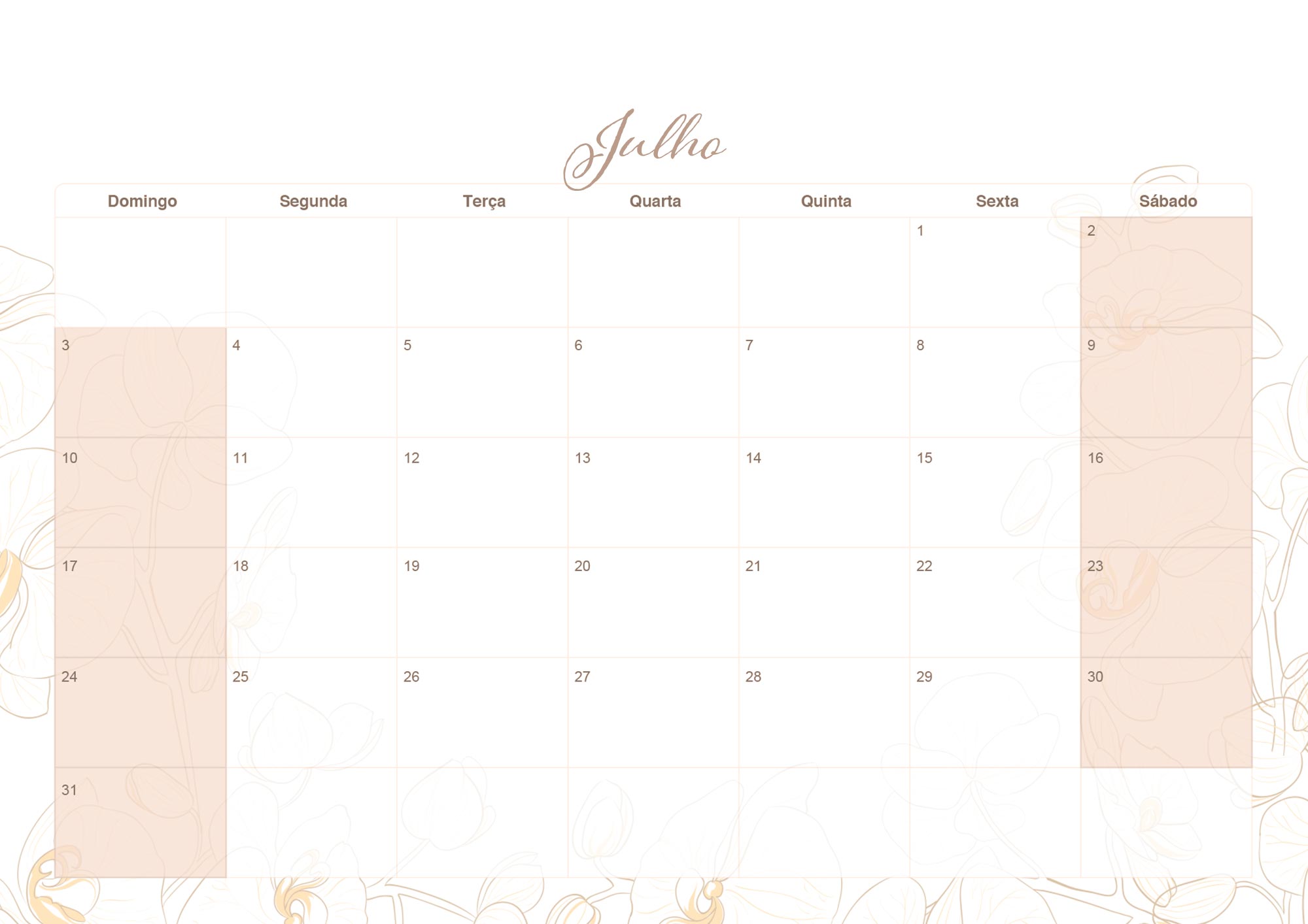 Calendario Mensal 2022 Orquideas Julho