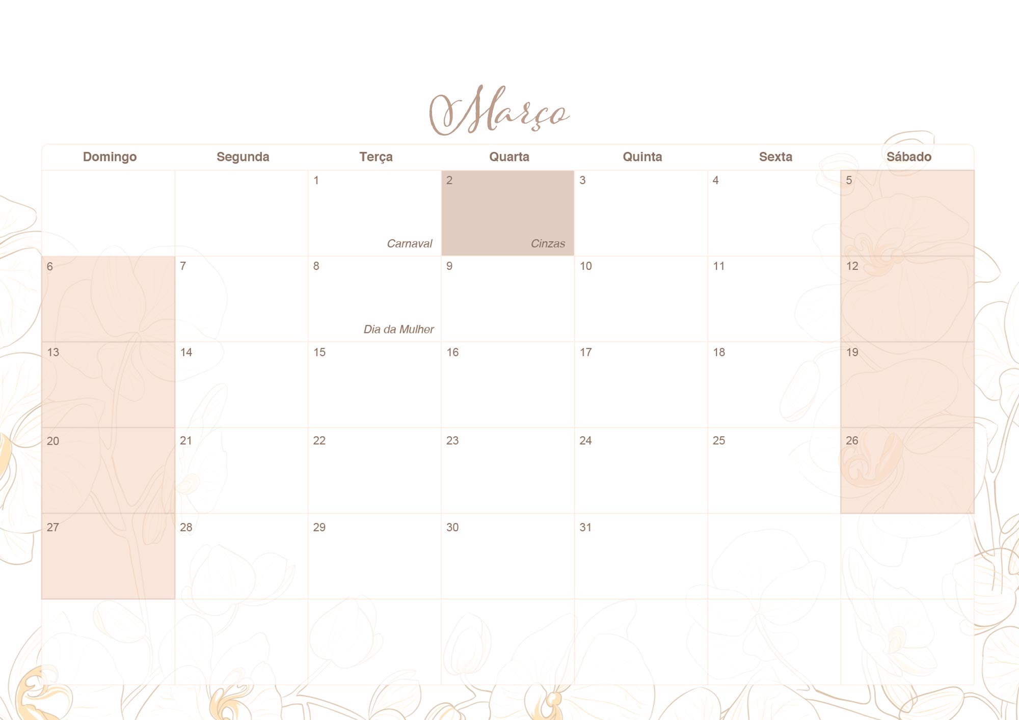 Calendario Mensal 2022 Orquideas Marco