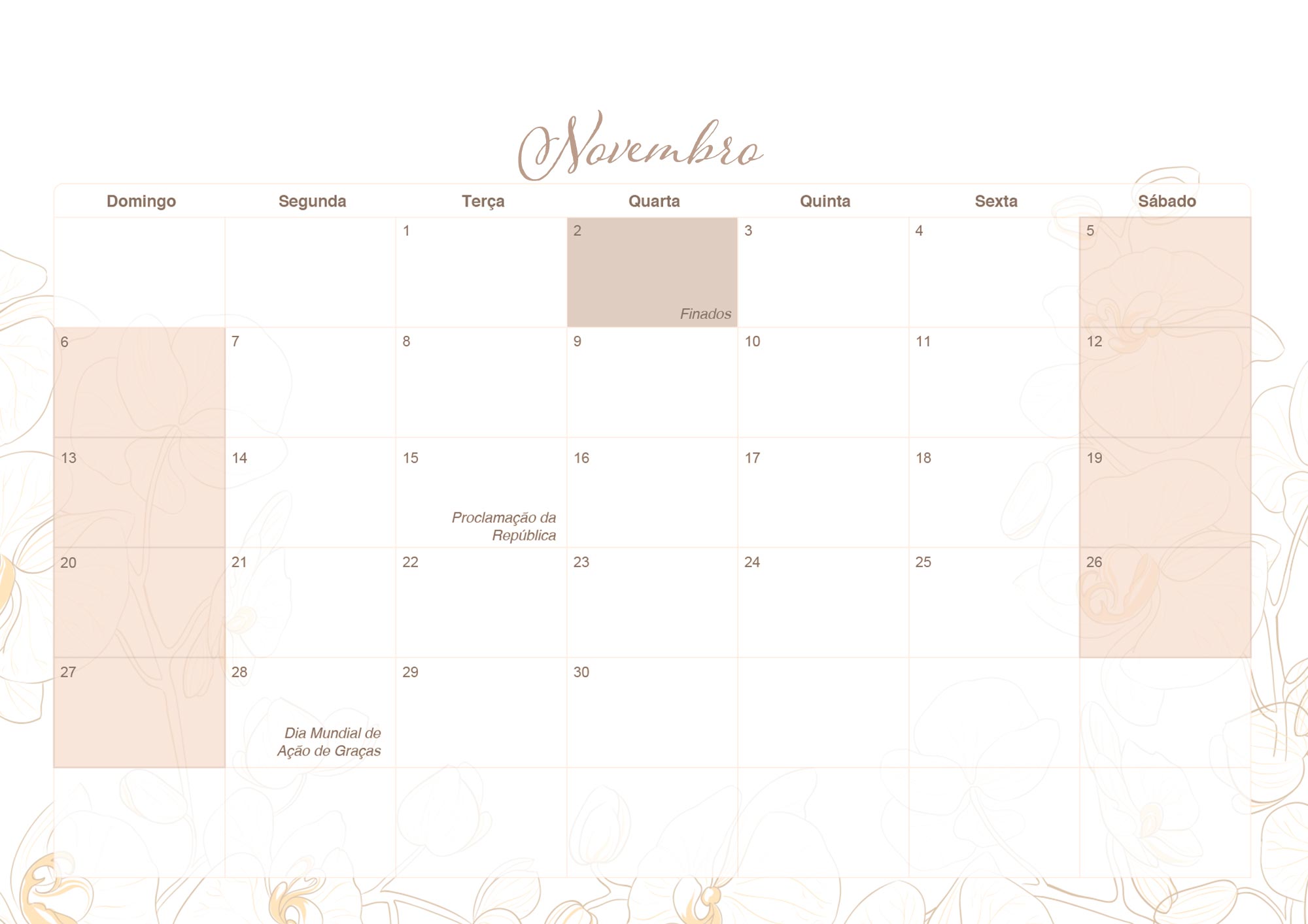 Calendario Mensal 2022 Orquideas Novembro