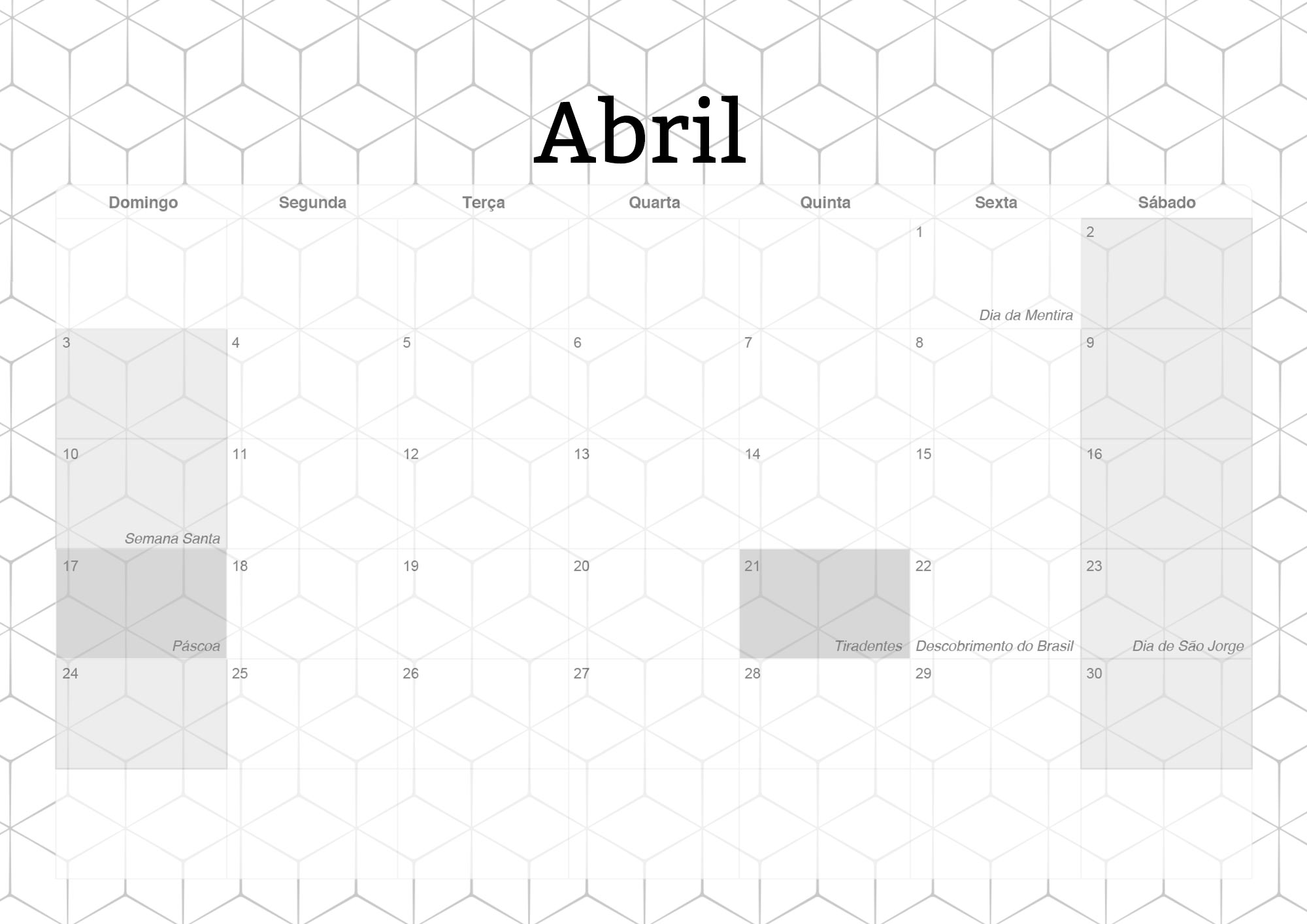 Calendario Mensal 2022 Preto e Branco Abril