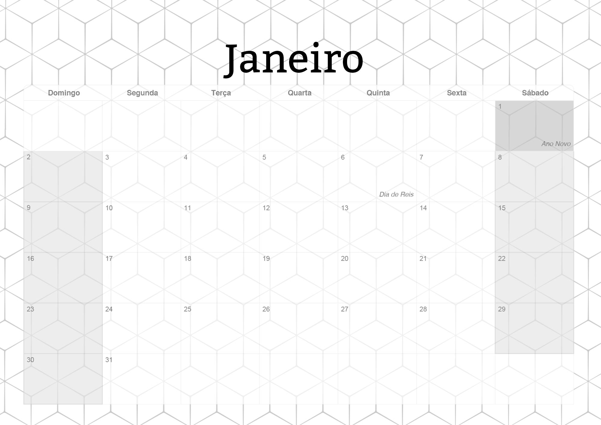Calendario Mensal 2022 para imprimir Preto e Branco Janeiro