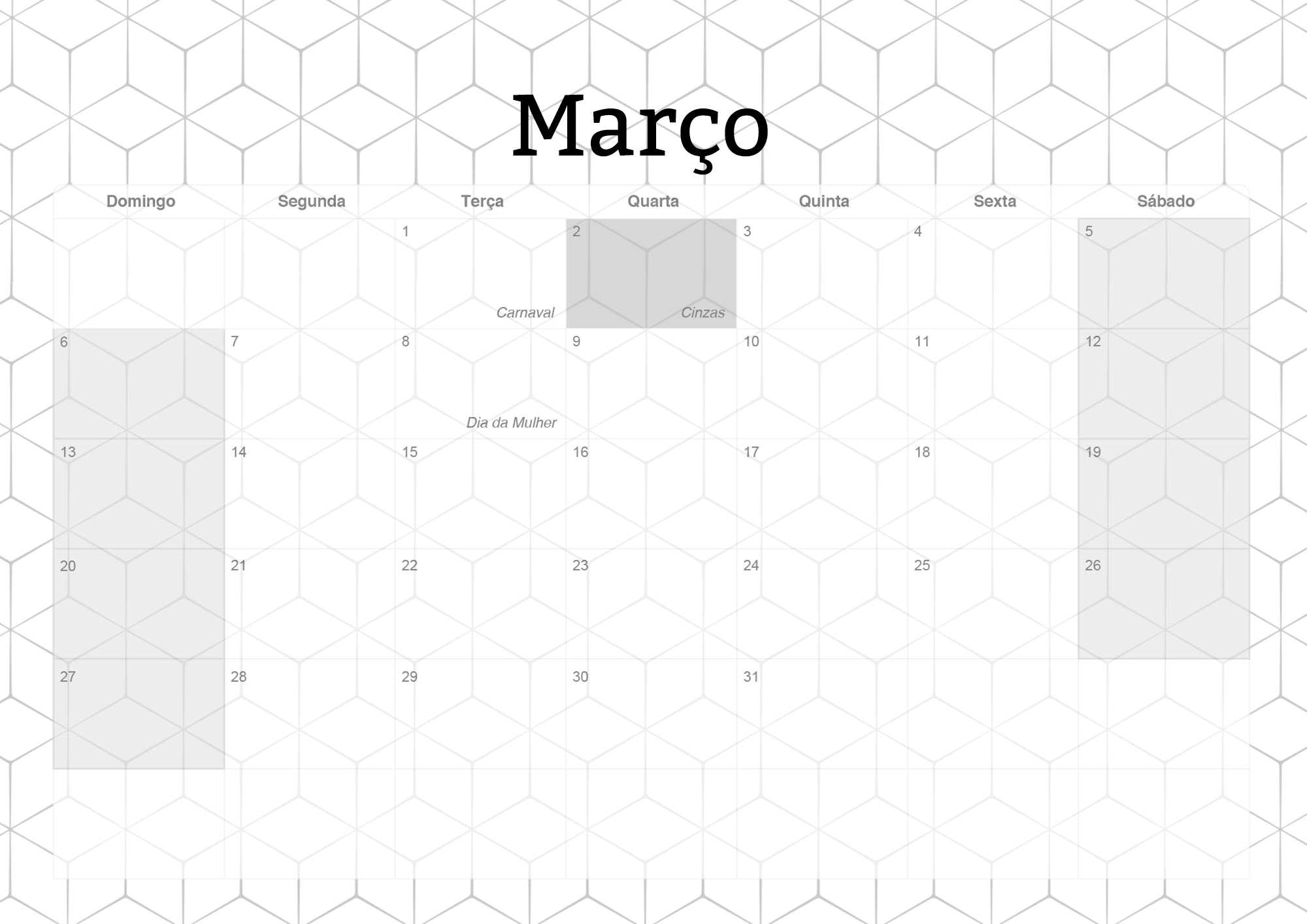 Calendario Mensal 2022 Preto e Branco Marco