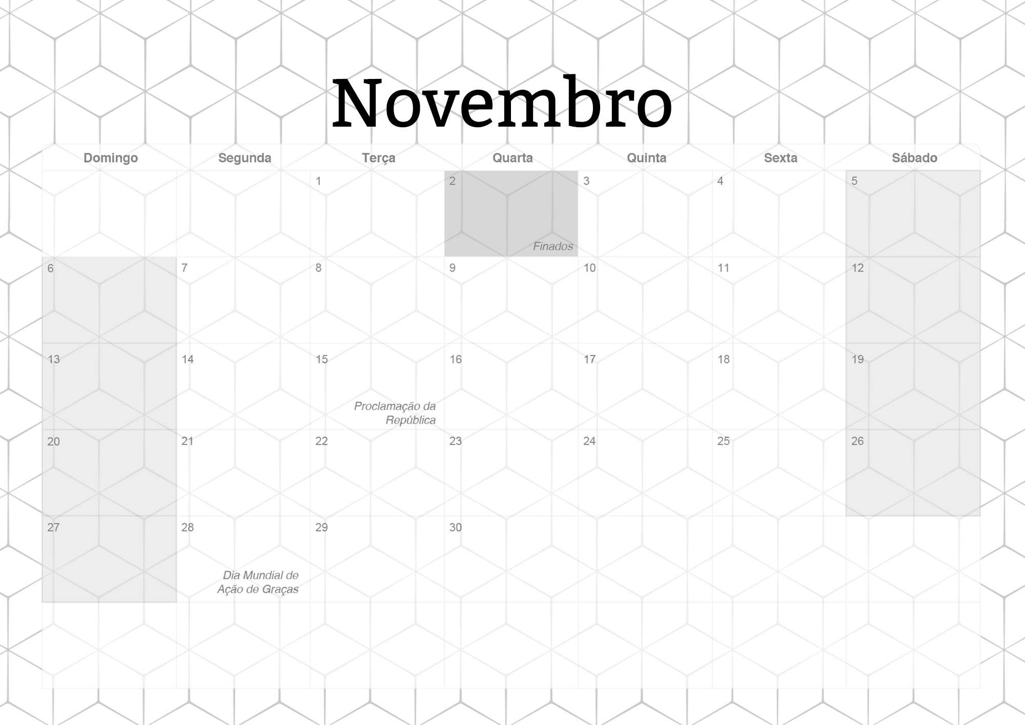 Calendario Mensal 2022 Preto e Branco Novembro