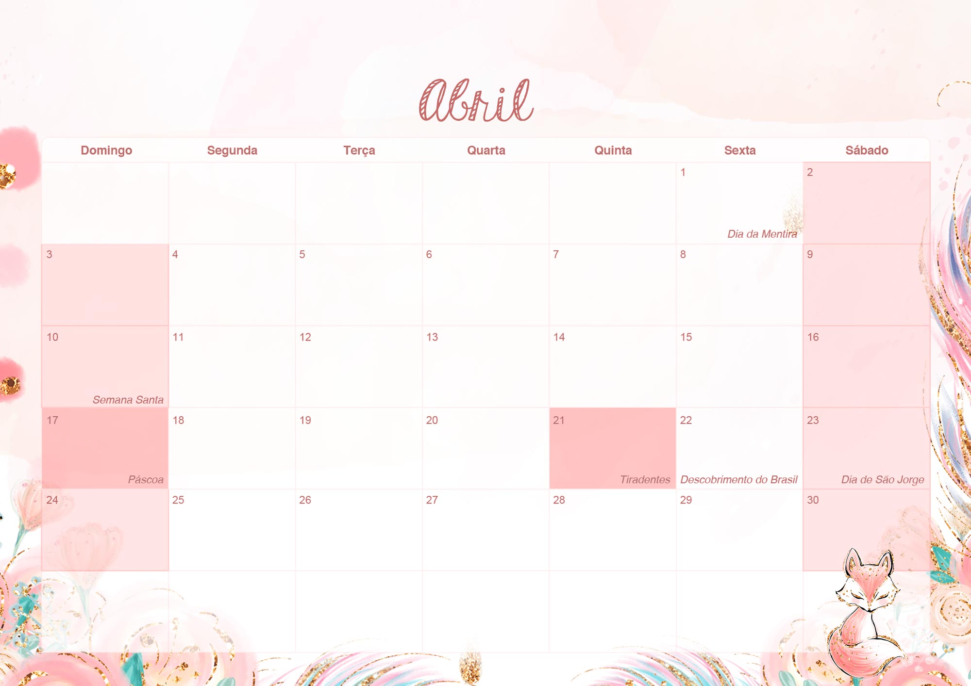 Calendario Mensal 2022 Raposinha Abril