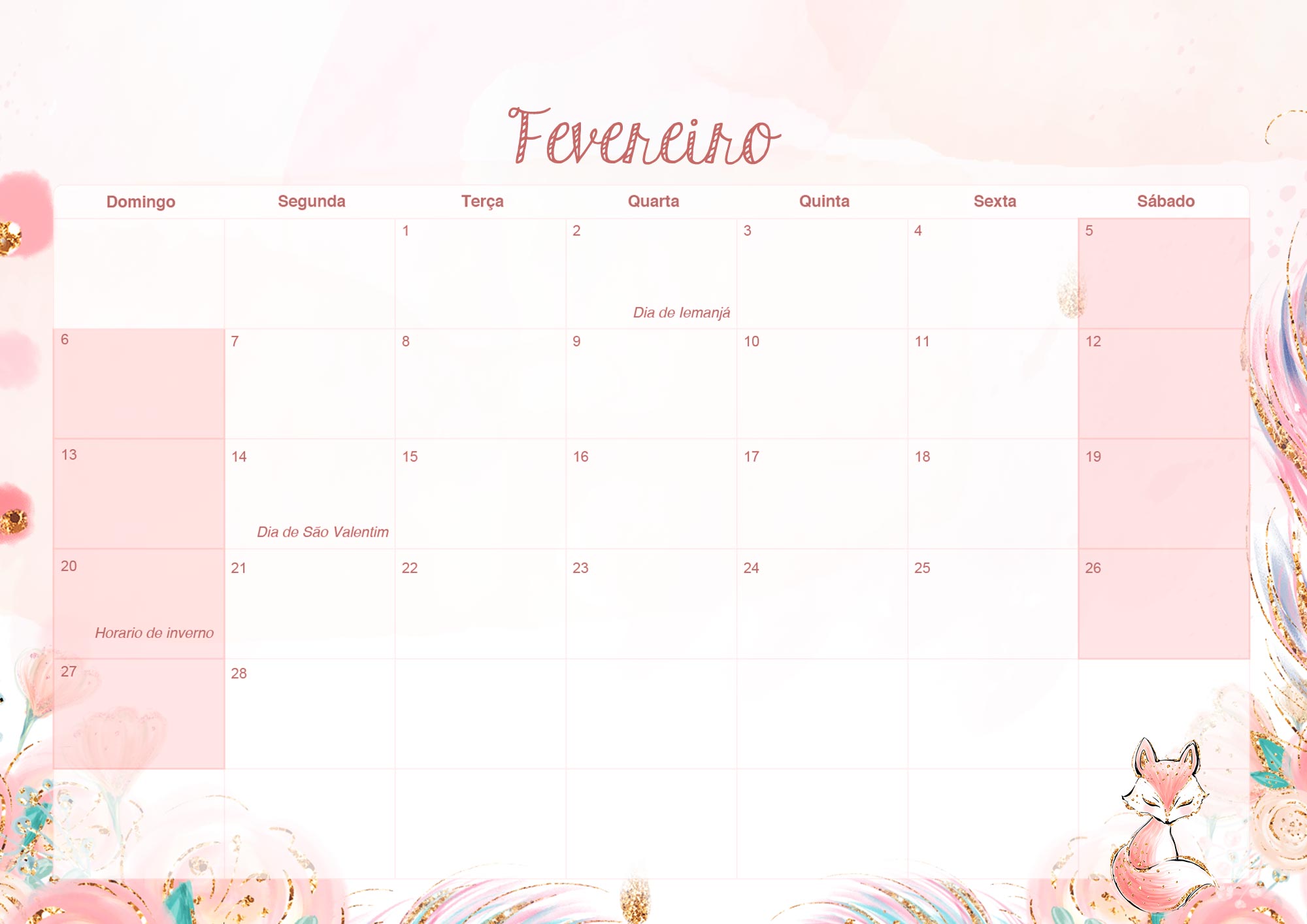 Calendario Mensal 2022 Raposinha Fevereiro