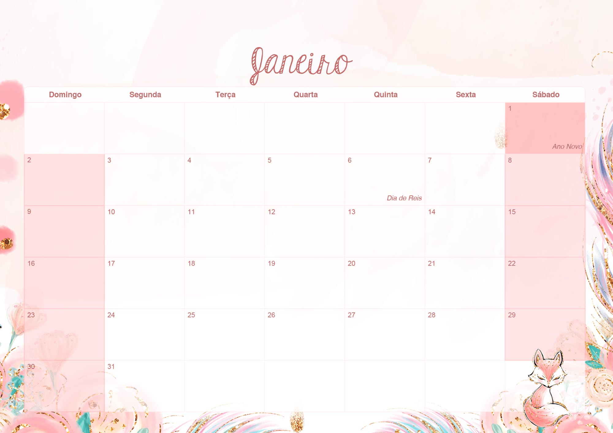 Calendario Mensal 2022 Raposinha Janeiro