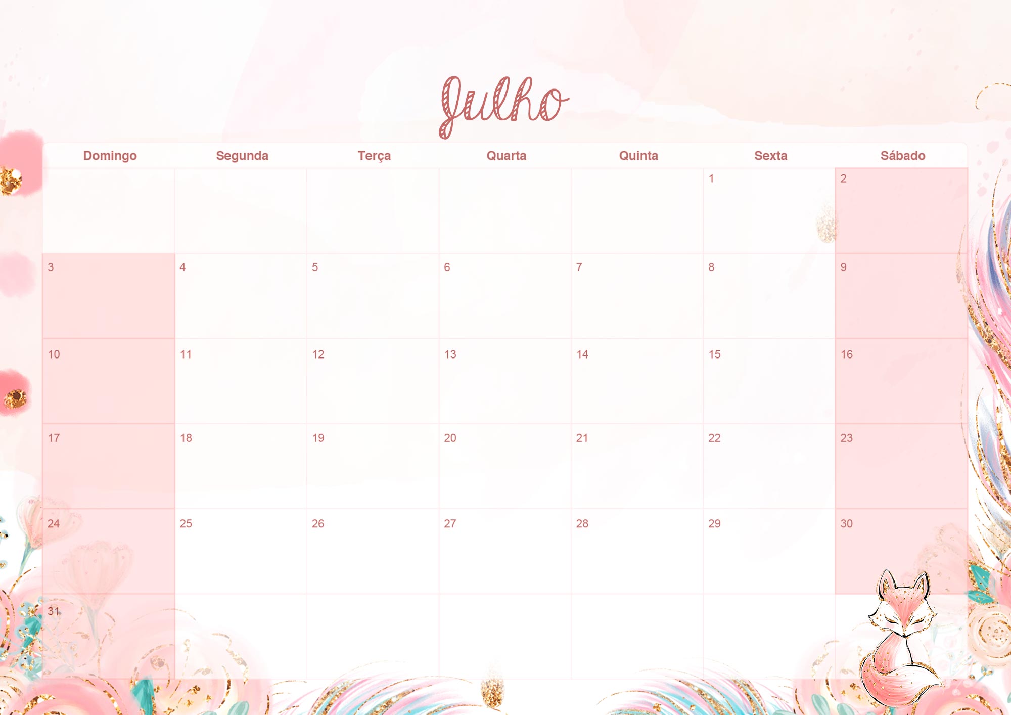 Calendario Mensal 2022 Raposinha Julho