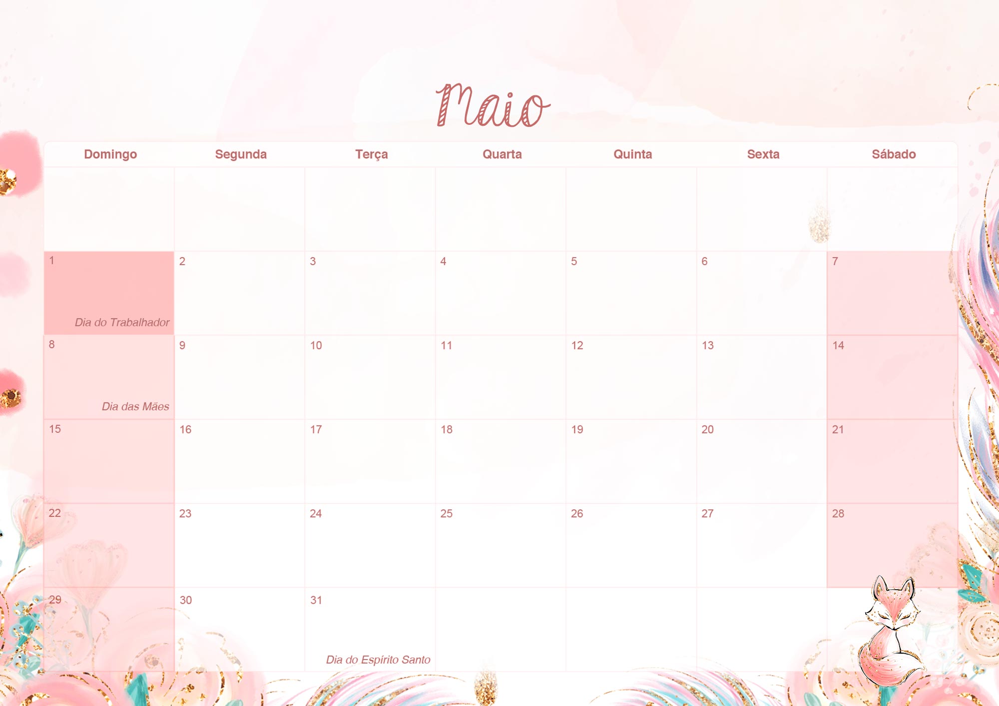 Calendario Mensal 2022 Raposinha Maio