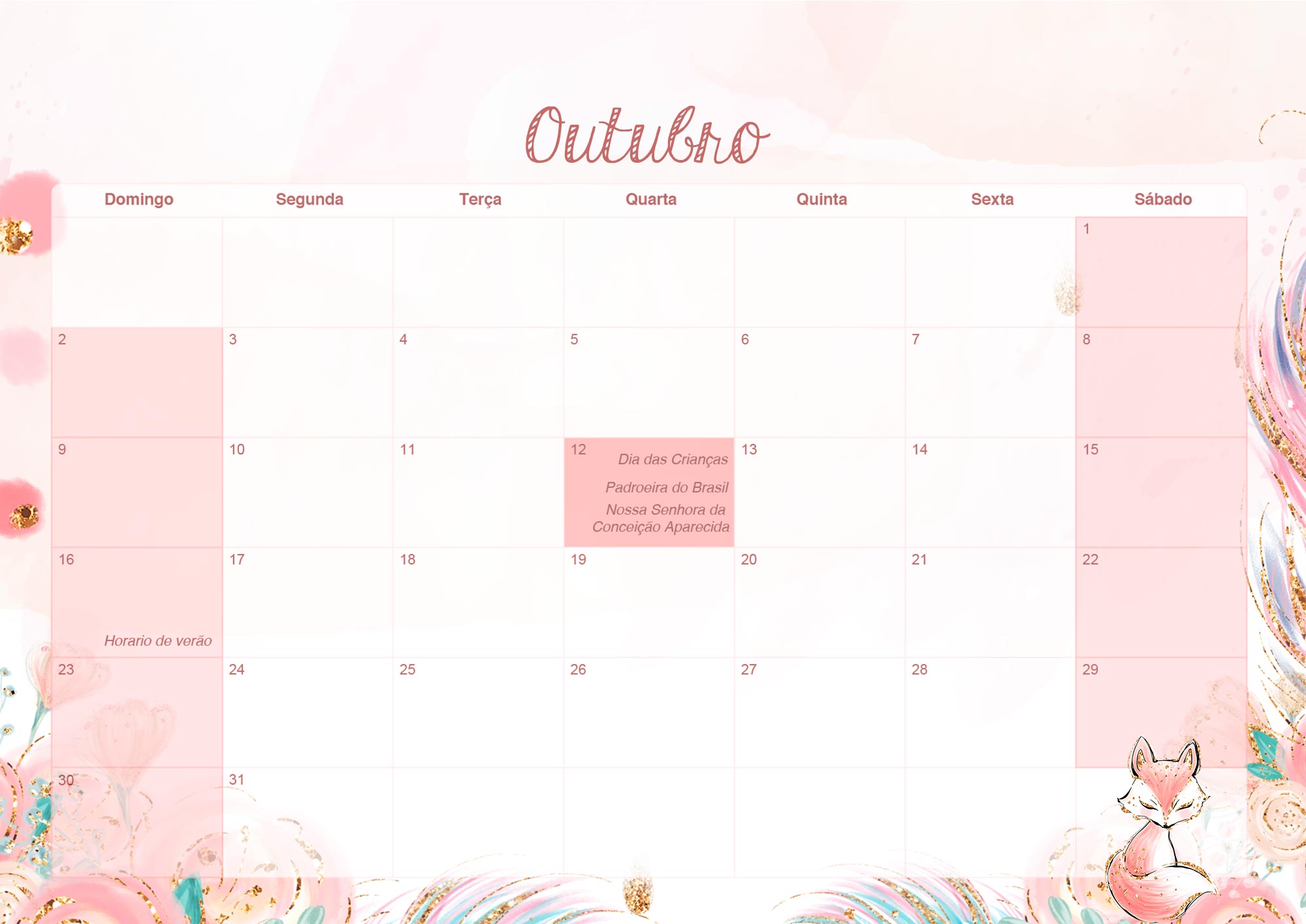 Calendario Mensal 2022 Raposinha Outubro