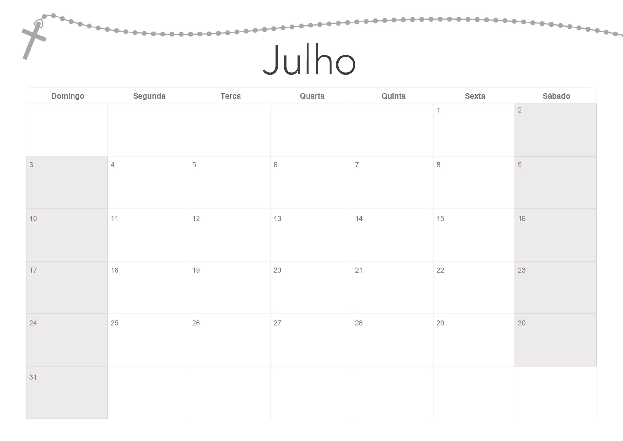 Calendario Mensal 2022 Religioso Julho