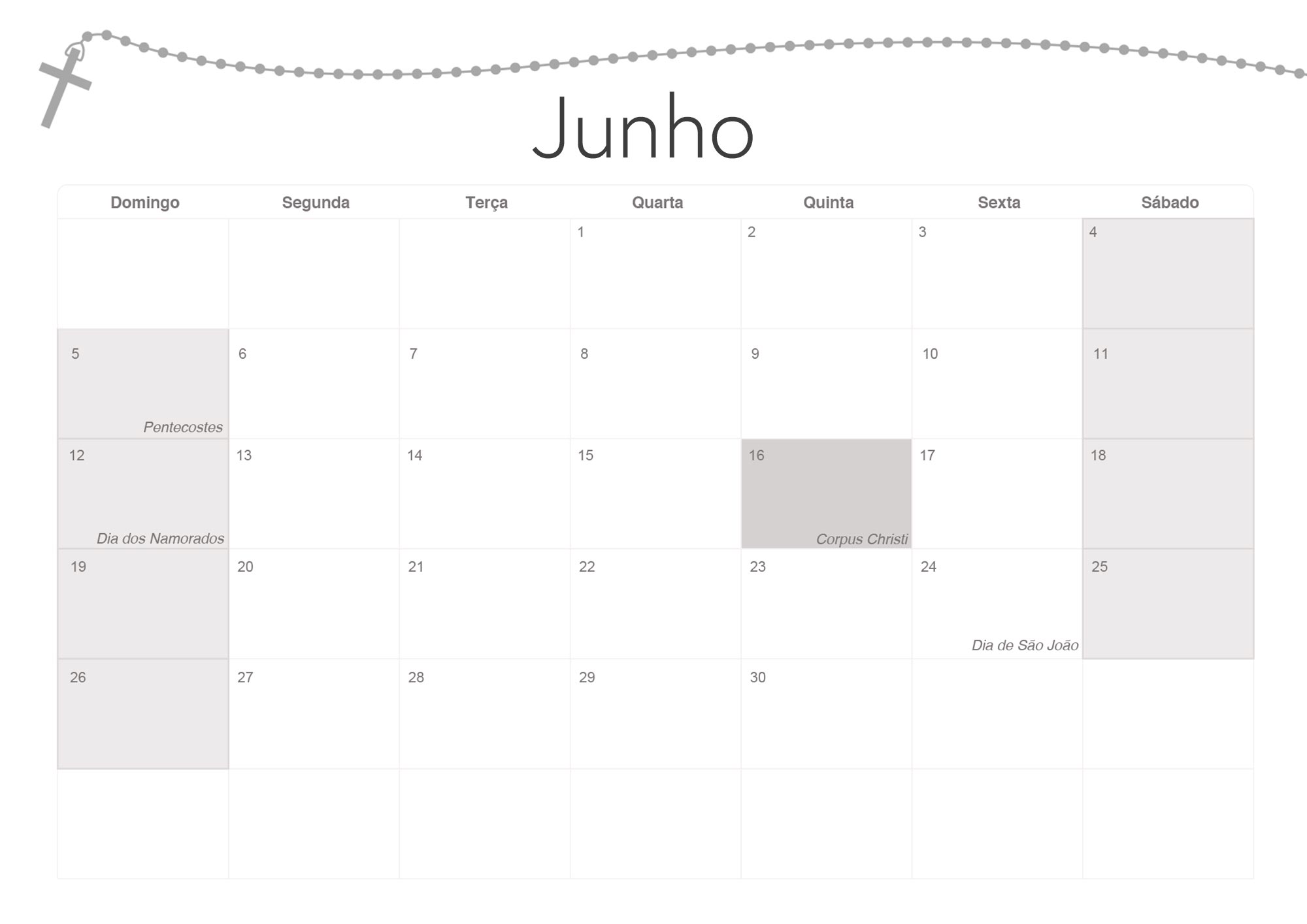 Calendario Mensal 2022 Religioso Junho