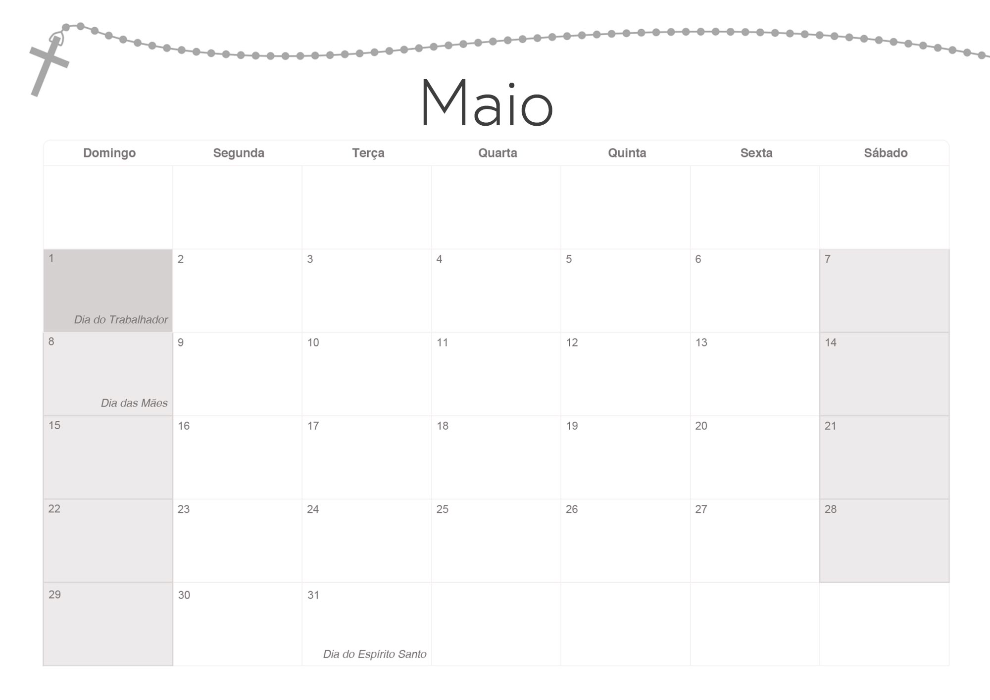 Calendario Mensal 2022 Religioso Maio
