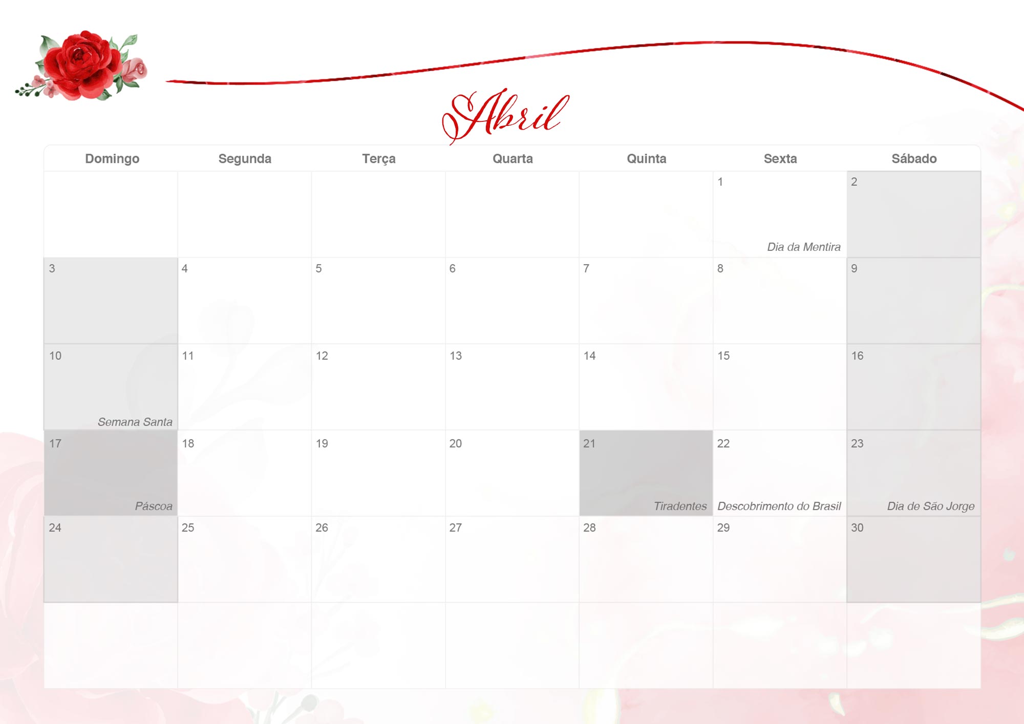 Calendario Mensal 2022 Rosas Vermelhas Abril