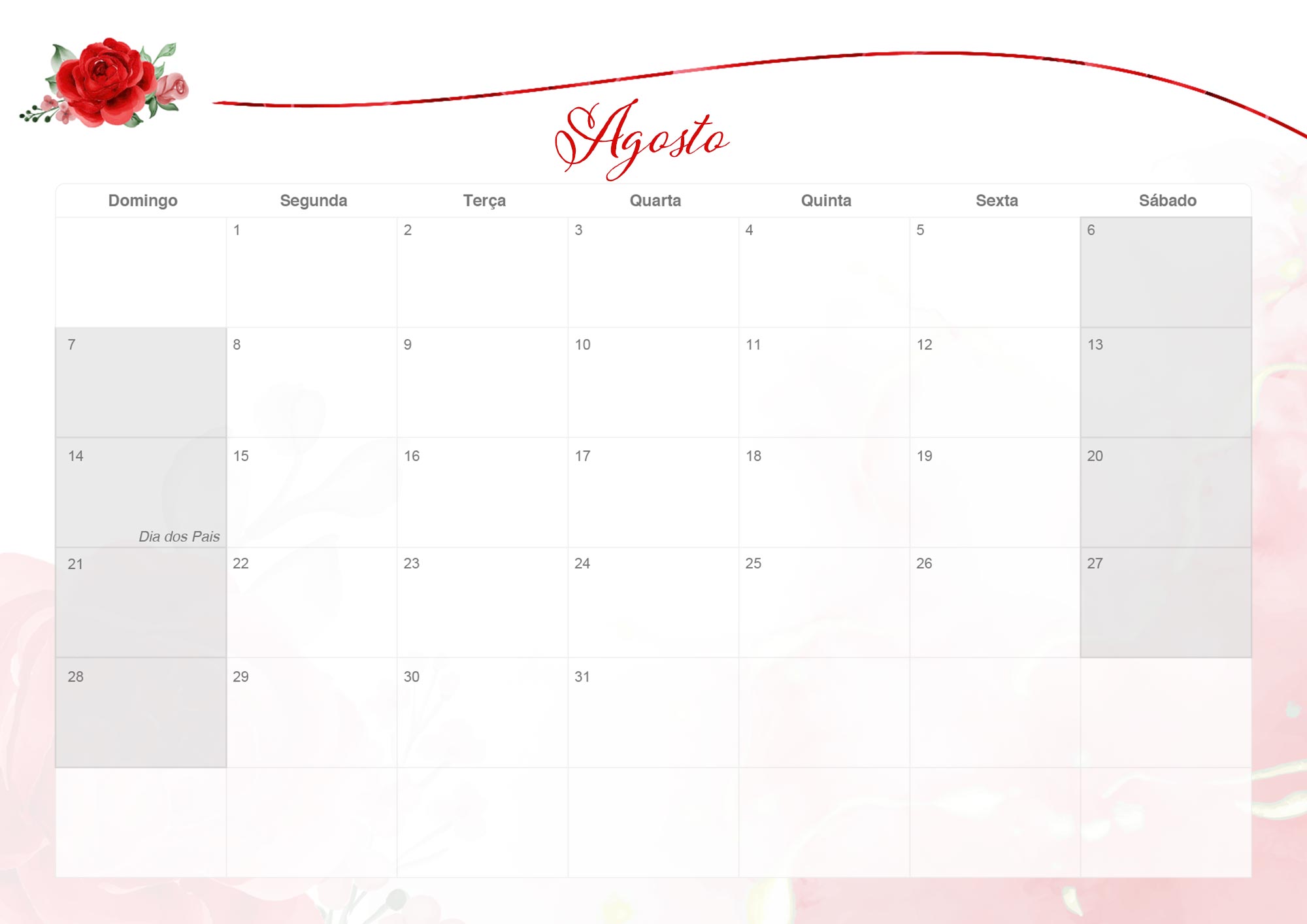 Calendario Mensal 2022 Rosas Vermelhas Agosto