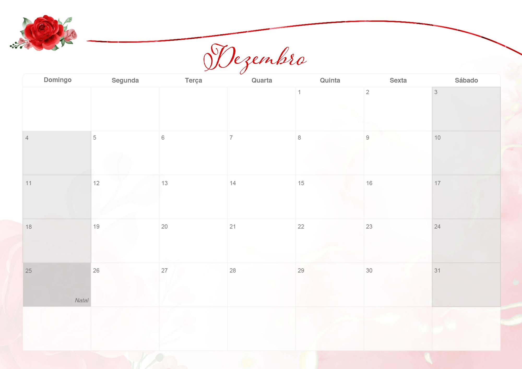 Calendario Mensal 2022 Rosas Vermelhas Dezembro