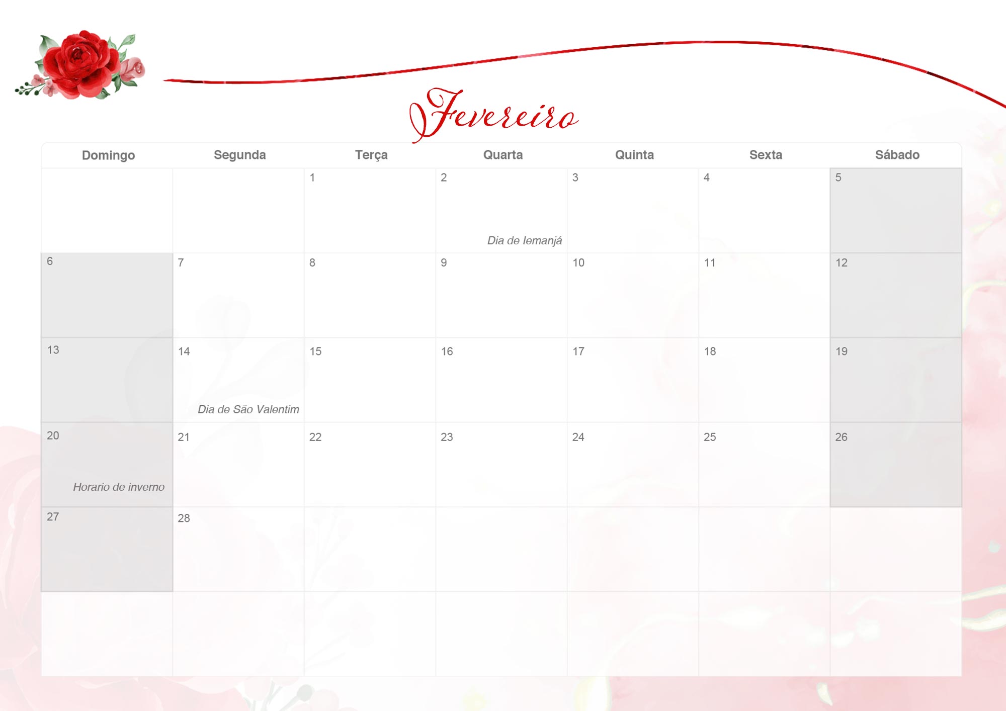 Calendario Mensal 2022 Rosas Vermelhas Fevereiro